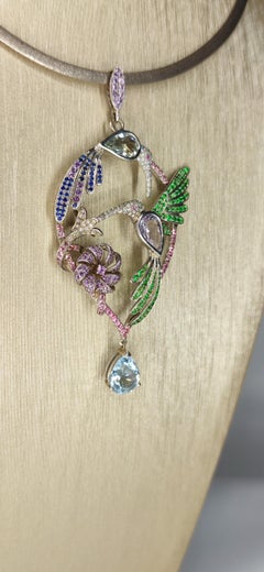 Phoenix Pendant Necklace, White Gold, Aquamarines, Sapphires and Diamonds