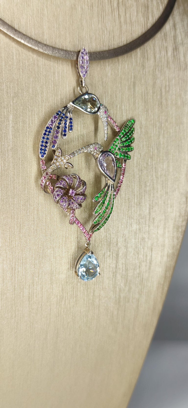 Phoenix Pendant Necklace, White Gold, Aquamarines, Sapphires and