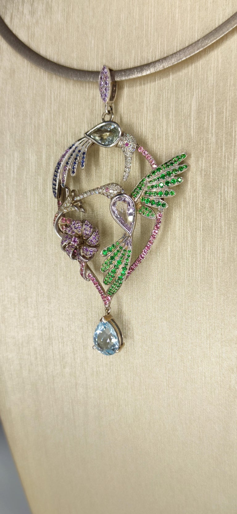 Phoenix Pendant Necklace, White Gold, Aquamarines, Sapphires and