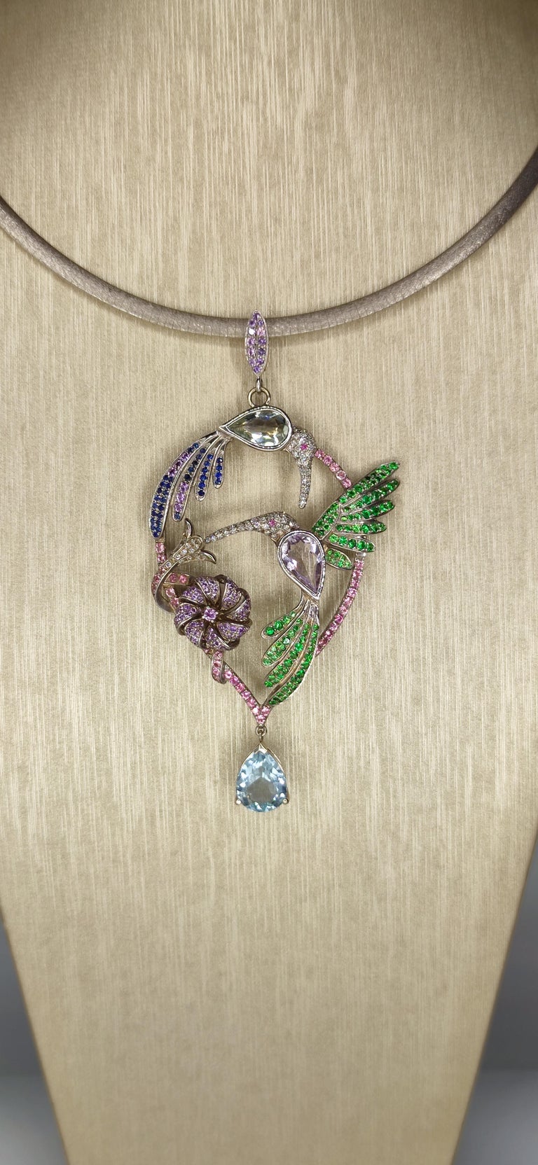 Phoenix Pendant Necklace, White Gold, Aquamarines, Sapphires and