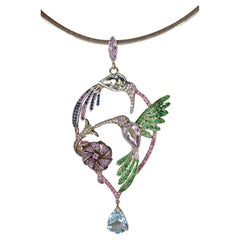 Phoenix Pendant Necklace, White Gold, Aquamarines, Sapphires and Diamonds