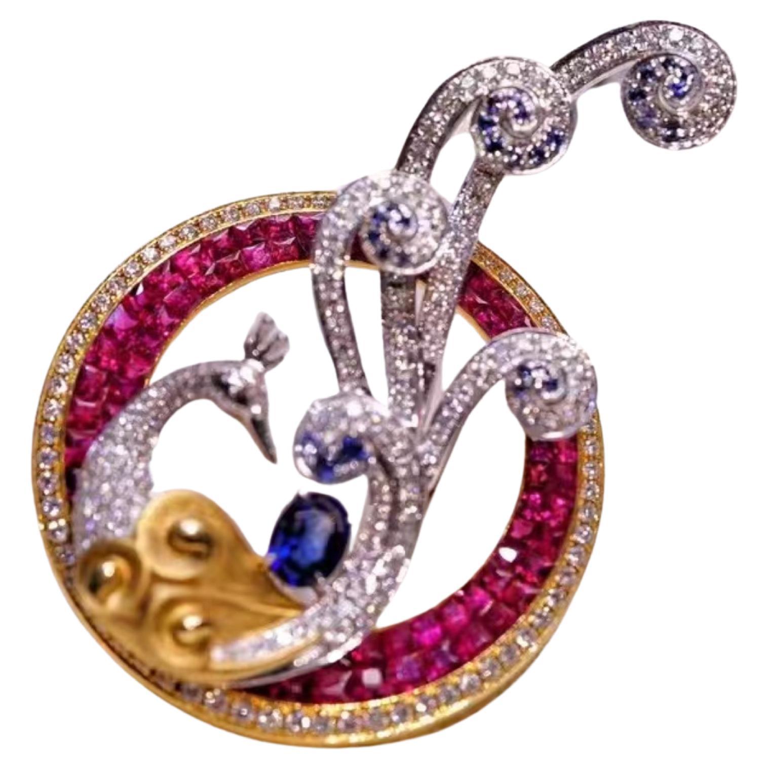 Phoenix Designed 0.382Carat Saphir Brosche/Anhänger mit natürlichem Diamant & Rubin
