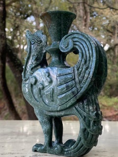 Antique Hand-Carved Spinach Jade Phoenix Sculptures, 1950s China Pair