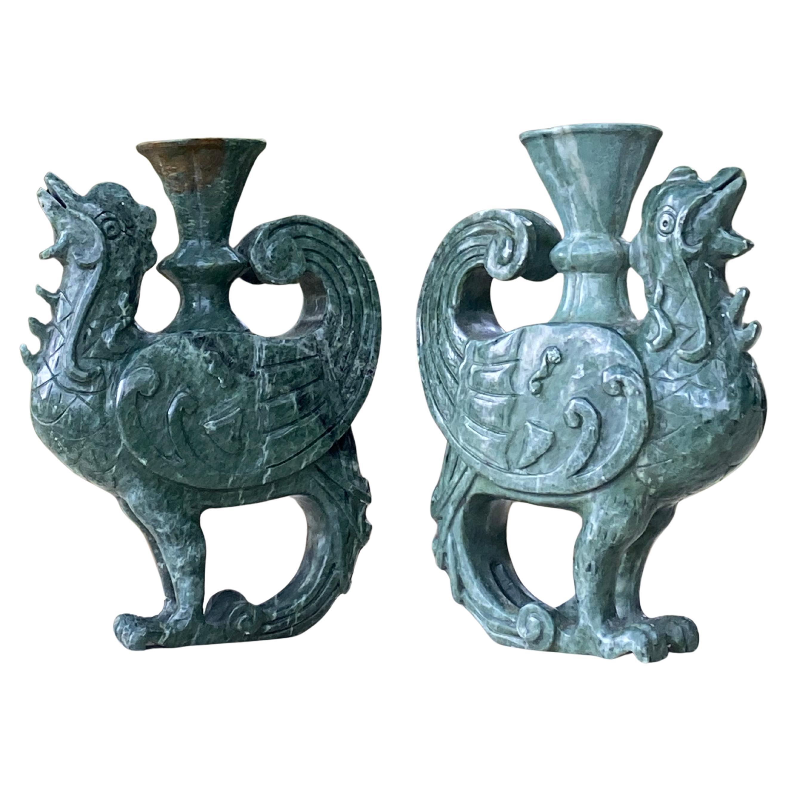 Phoenix Sculptures in Spinach Jade