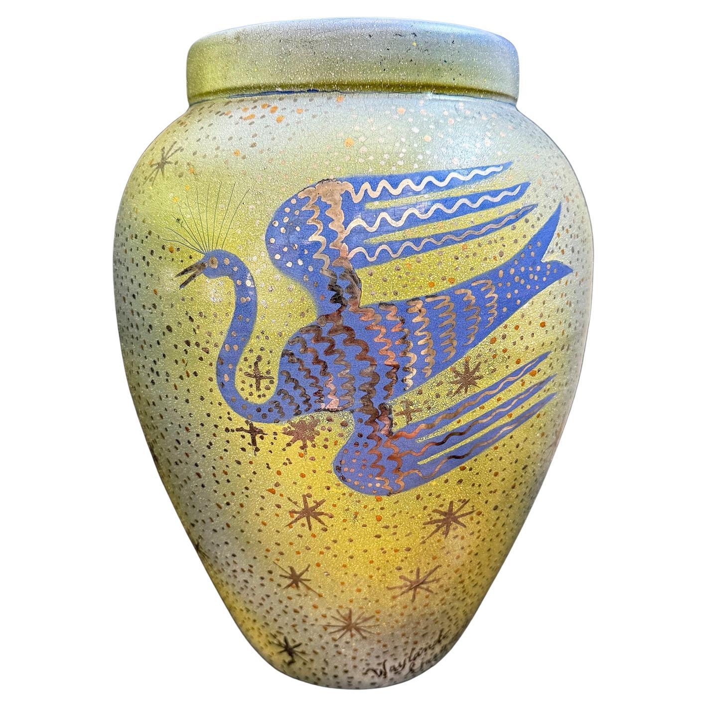 "Phoenix Urn", Large Art Deco Urn in Periwinkle and Green by Waylande Gregory