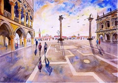 Après la pluie, Piazza San Marco, aquarelle originale sur papier, peinture italienne