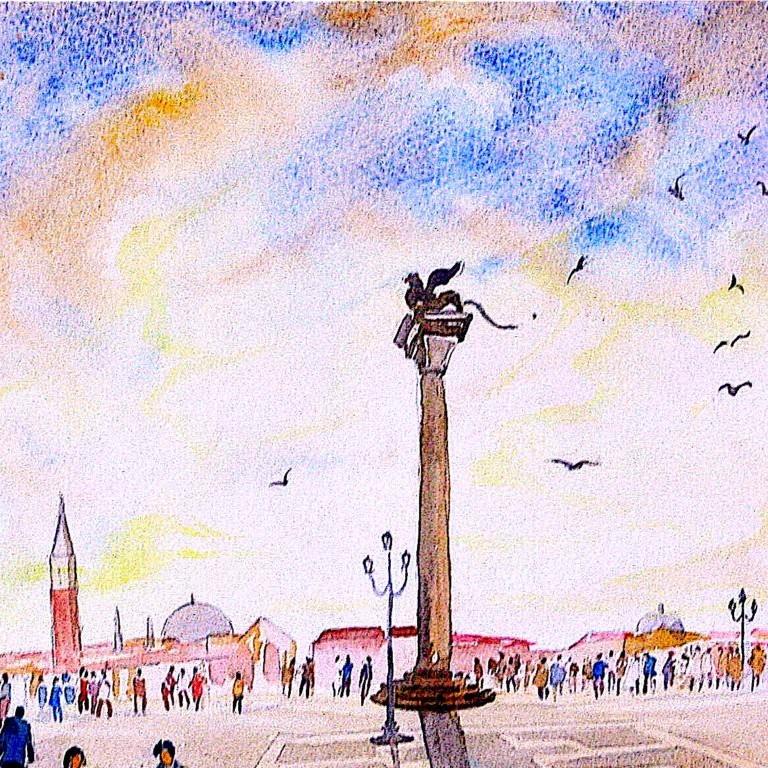 Après la pluie, Piazza San Marco, aquarelle originale sur papier, peinture italienne - Painting de Phong Trinh