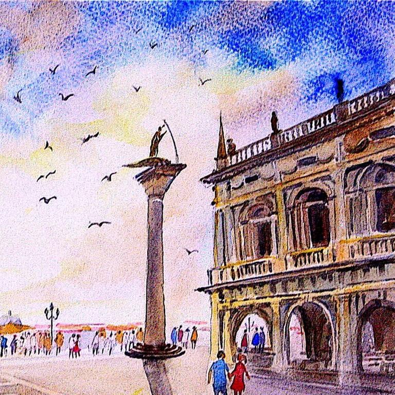 Après la pluie, Piazza San Marco, aquarelle originale sur papier, peinture italienne - Post-impressionnisme Painting par Phong Trinh