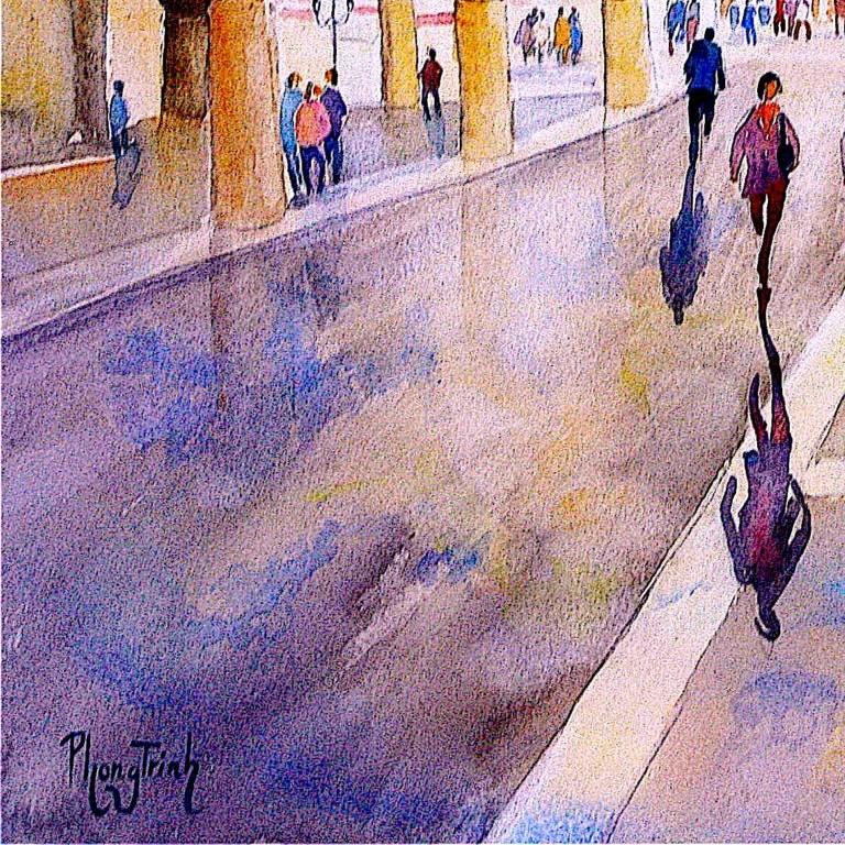 Après la pluie, Piazza San Marco, aquarelle originale sur papier, peinture italienne - Gris Landscape Painting par Phong Trinh
