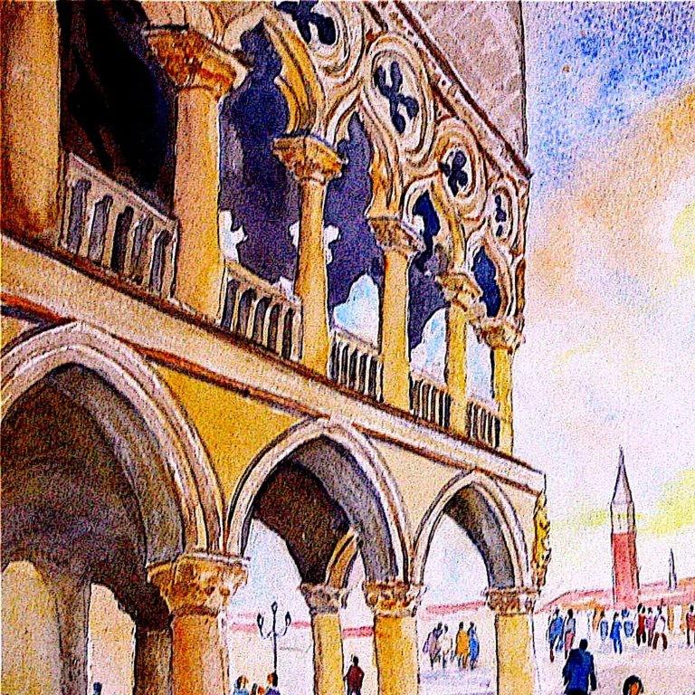 After the Rain, Piazza San Marco, Original Watercolor on Paper, Italy Painting For Sale 1
