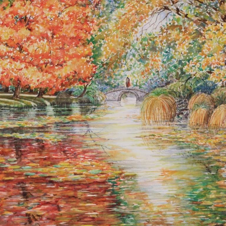 An Autumn With You, zeitgenössische Aquarellmalerei, Impressionismus (Braun), Figurative Painting, von Phong Trinh