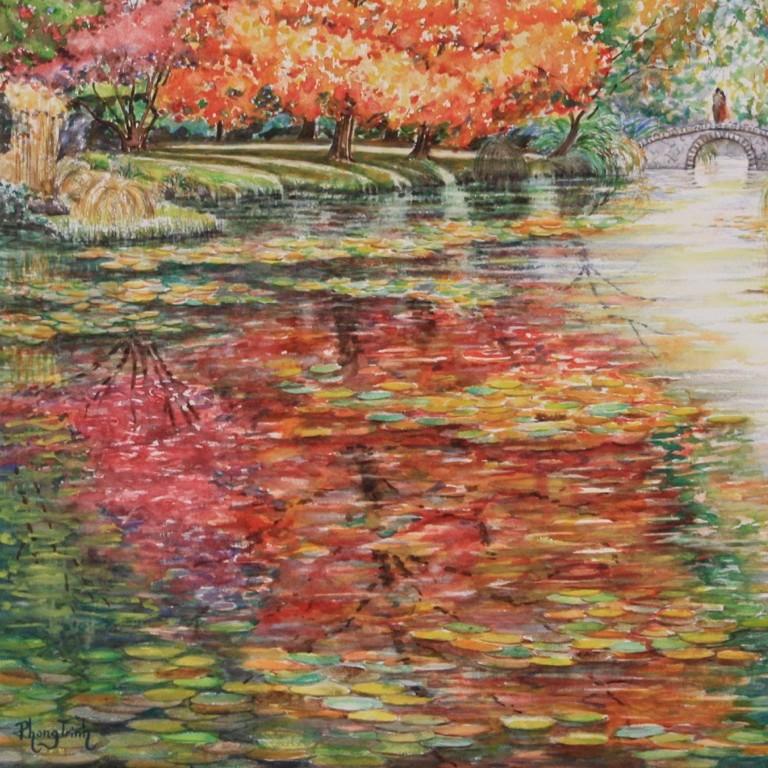 An Autumn With You, Contemporary Watercolor Painting, Impressionism - Brown Figurative Painting by Phong Trinh