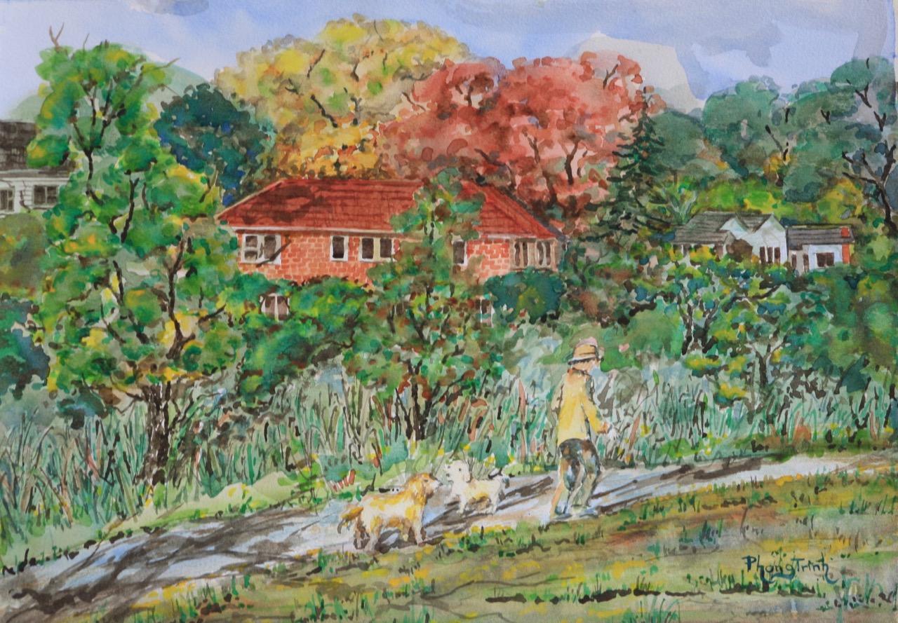 Phong Trinh Landscape Painting – Morning in the Park, Original-Aquarell auf Papier, zeitgenössische Landschaftskunst