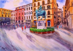 Piazza Della Signoria, Original Watercolor on Paper, Contemporary Italy Painting