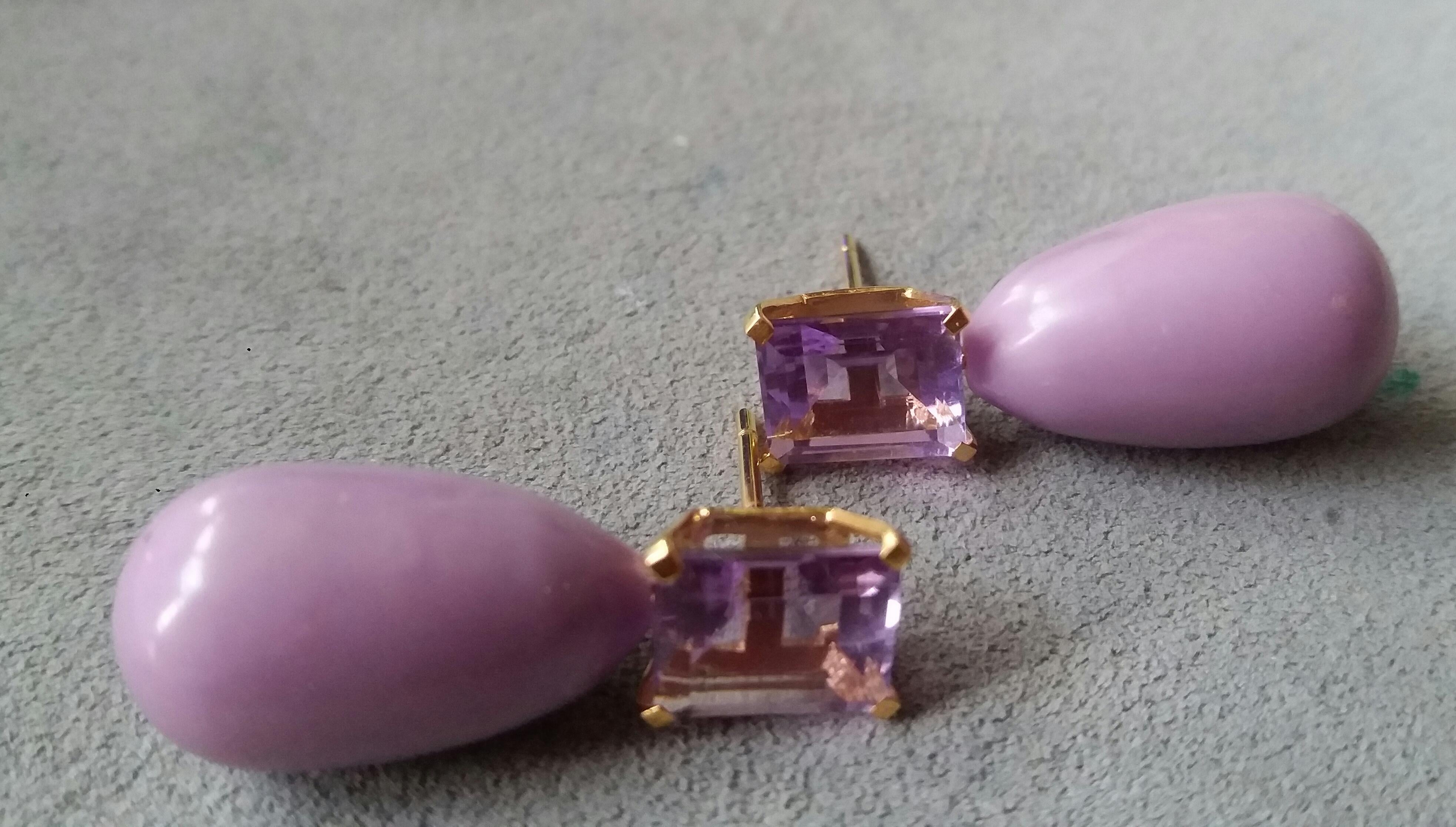 Contemporary Phosphosiderite and Faceted Amethyst 14 Karat Solid Yellow Gold Drop Earrings For Sale