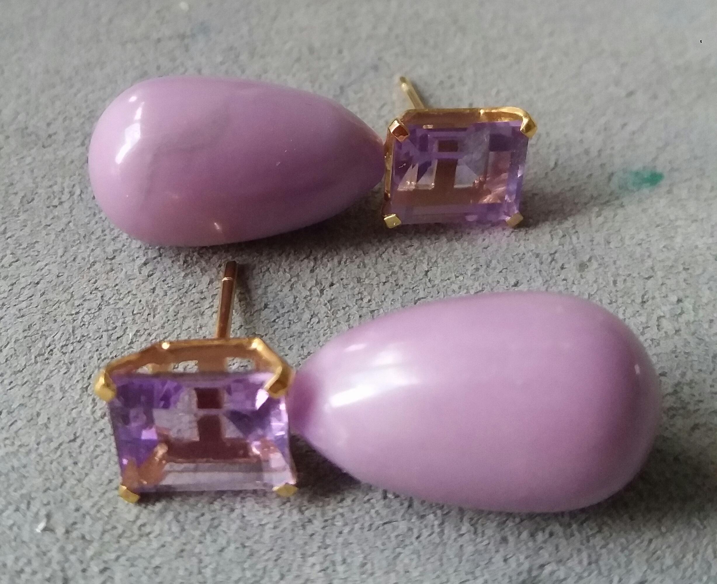 Mixed Cut Phosphosiderite and Faceted Amethyst 14 Karat Solid Yellow Gold Drop Earrings For Sale
