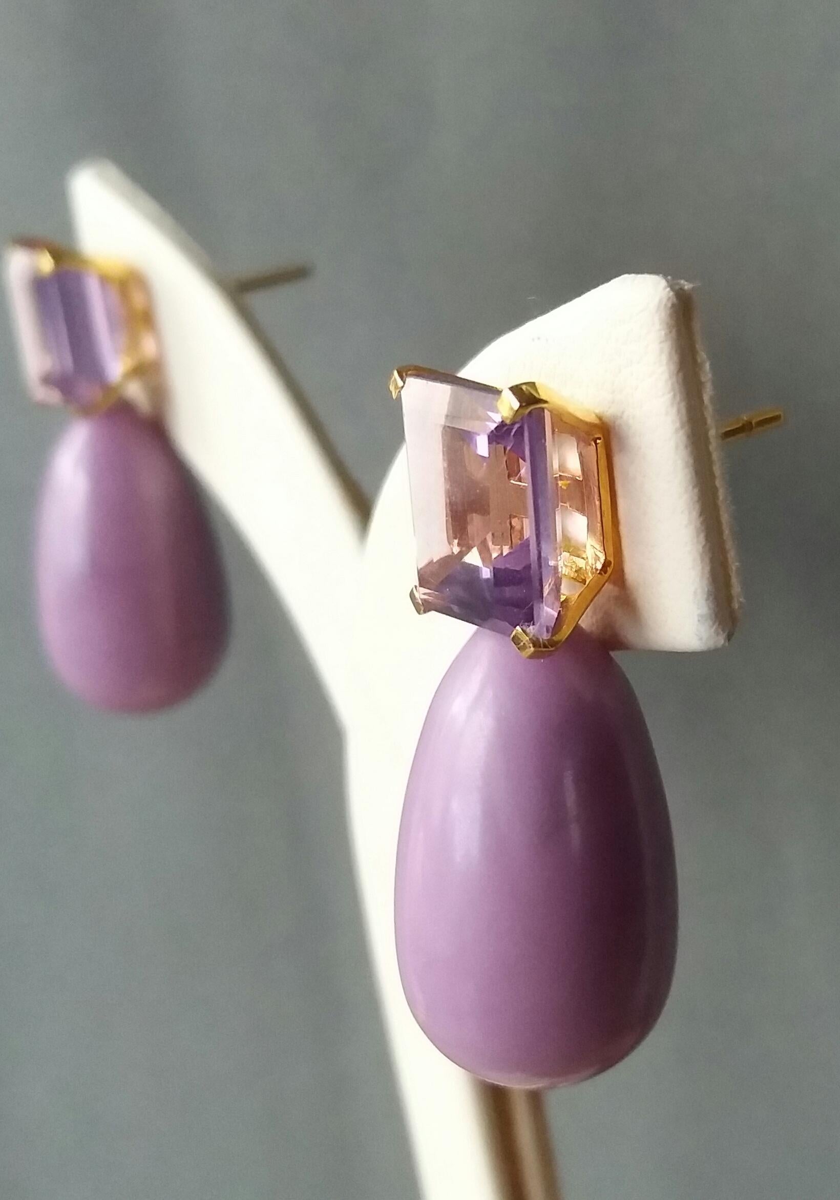 Women's Phosphosiderite and Faceted Amethyst 14 Karat Solid Yellow Gold Drop Earrings For Sale