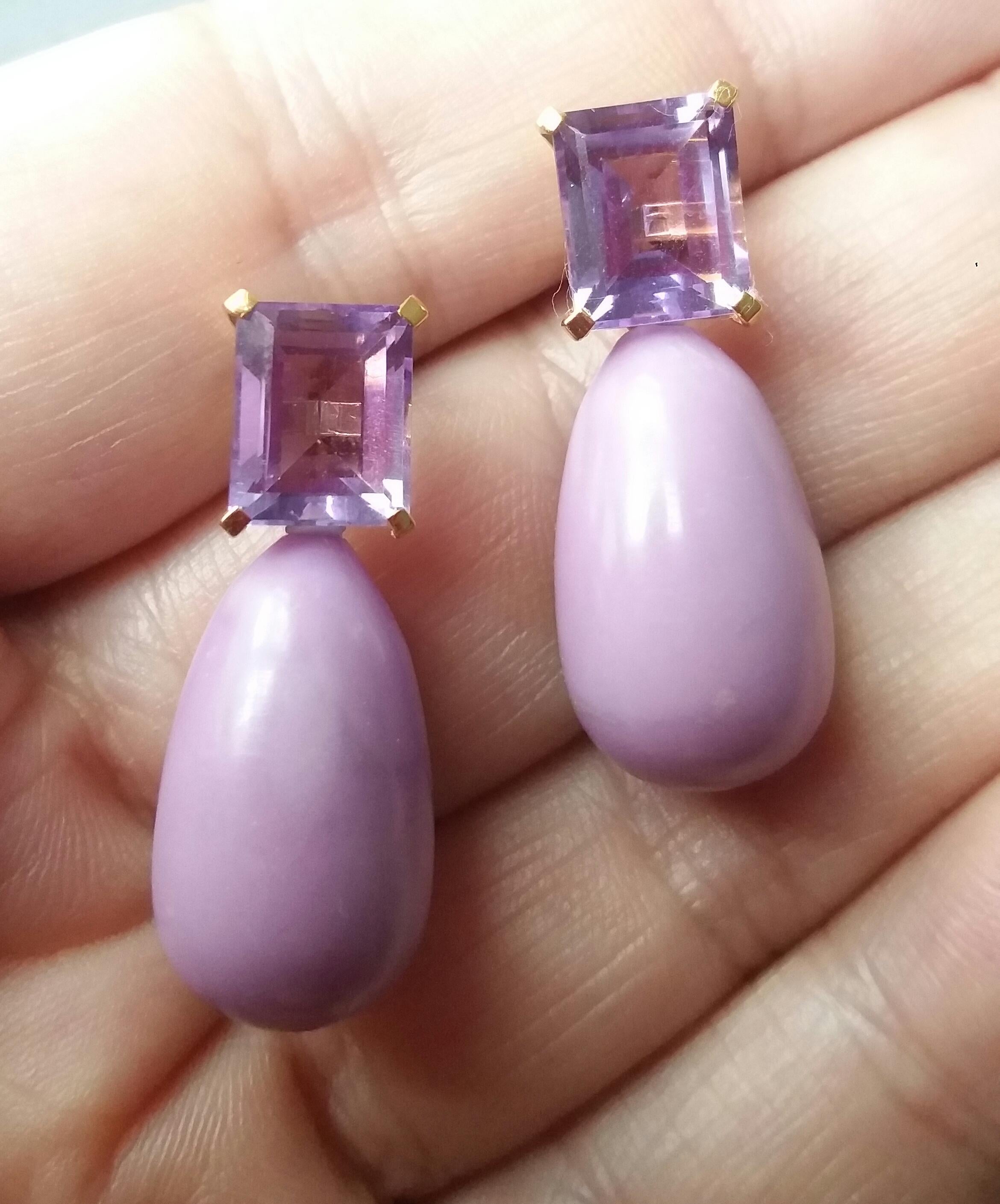 Phosphosiderite and Faceted Amethyst 14 Karat Solid Yellow Gold Drop Earrings For Sale 1