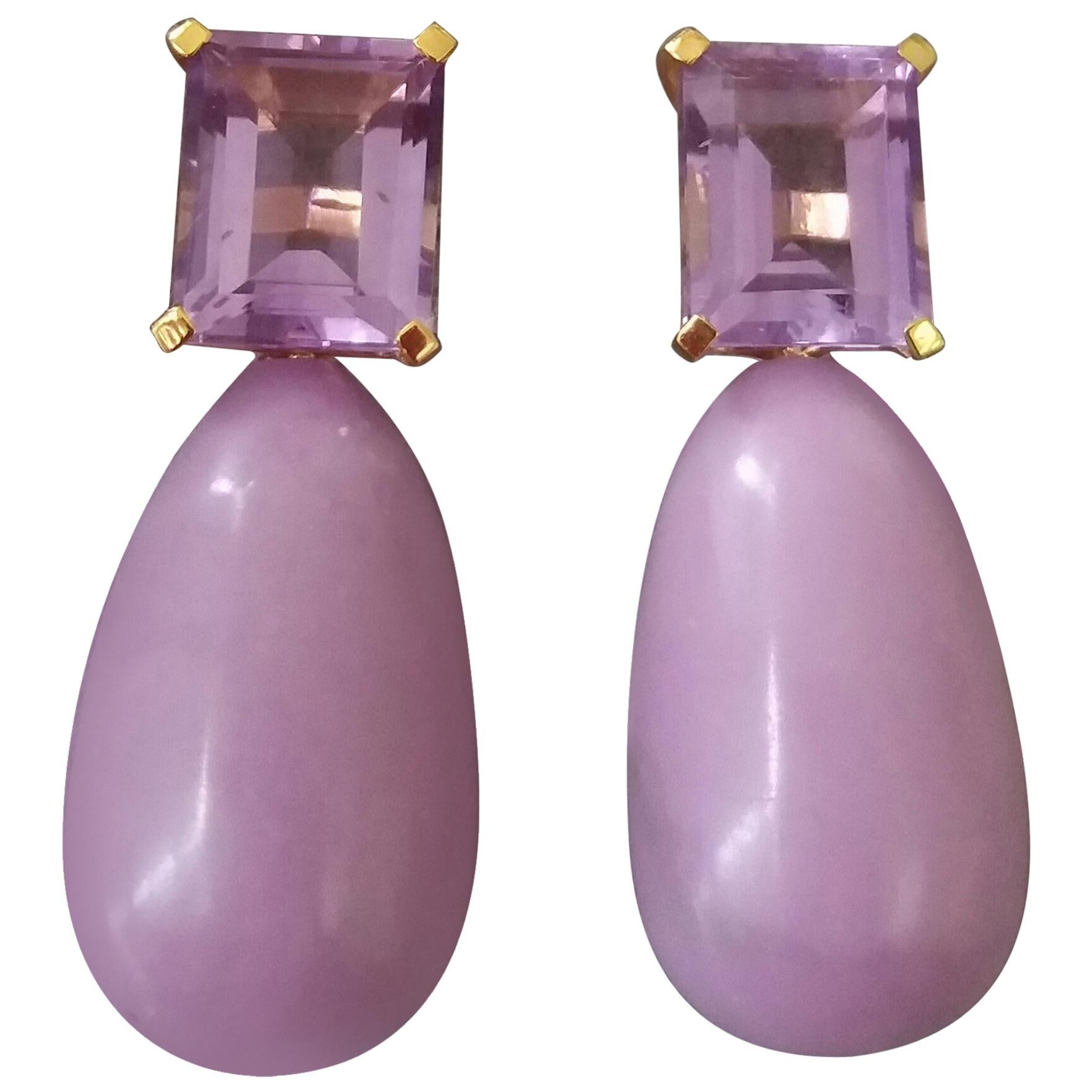 Phosphosiderite and Faceted Amethyst 14 Karat Solid Yellow Gold Drop Earrings For Sale