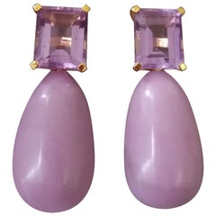 Boucles d'oreilles pendantes en or jaune 14 carats, phosphosidérite et améthyste facettée