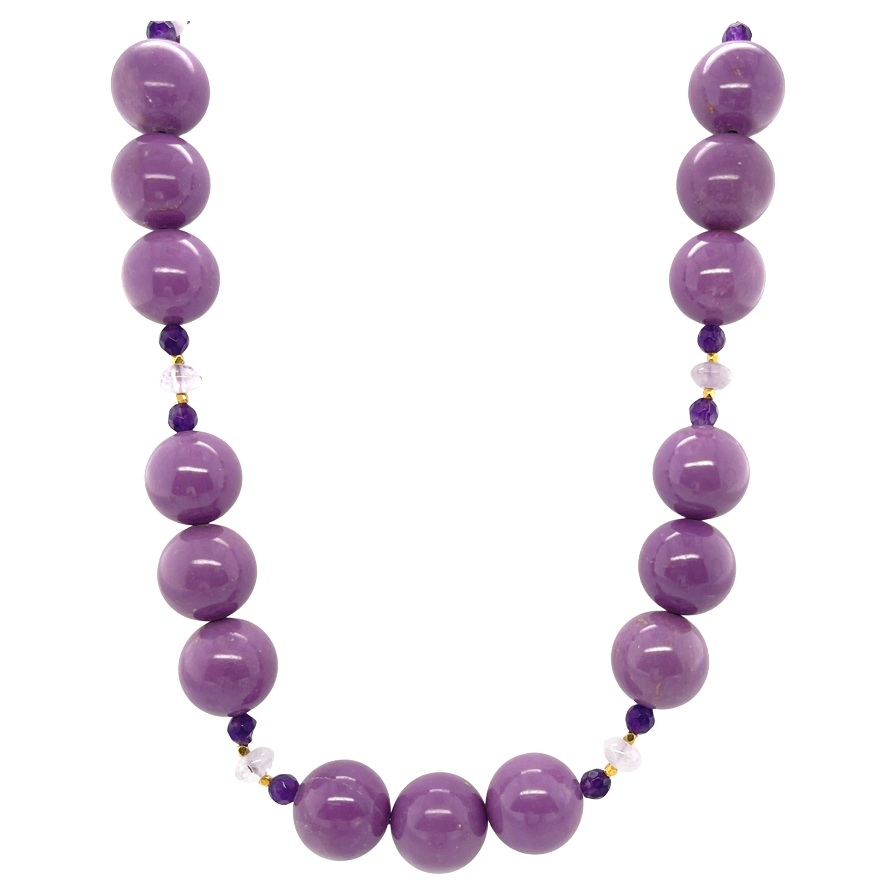 Phosphosiderite, Kunzite & Amethyst  Beaded Necklace with Yellow Gold, 20 Inches