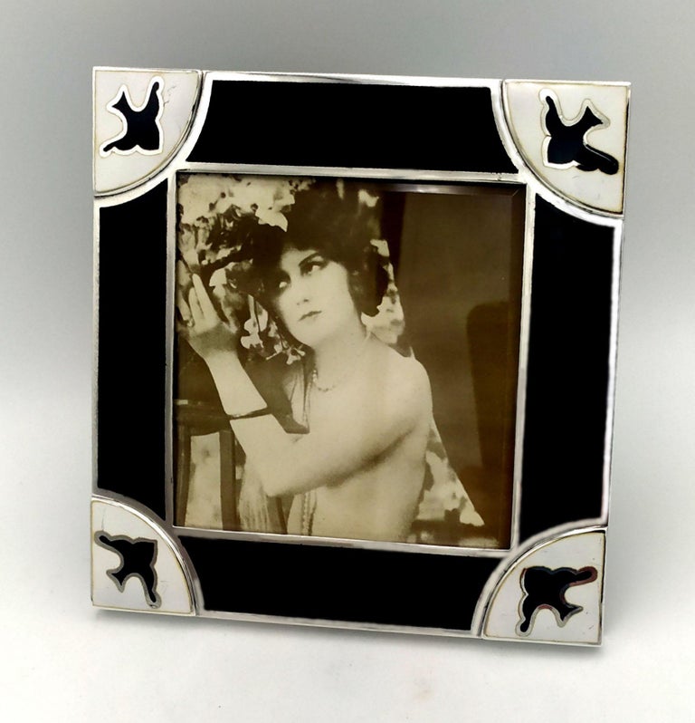 Photo Frame Black and White Enamel Squared Shape Sterling Silver