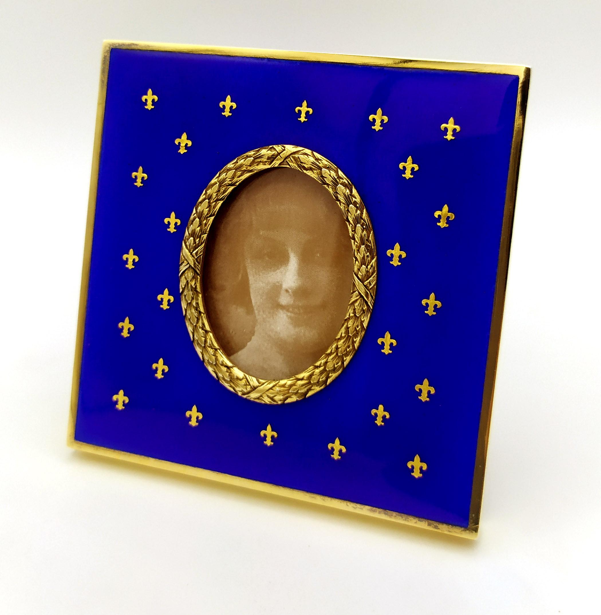 Fotorahmen Blaue Emaille und reines Gold „Paillons“ Salimbeni (Italienisch) im Angebot