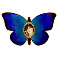 Photo Frame Butterfly-Shaped Fired Enamel on Guillochè and Hand Engravings Sterl