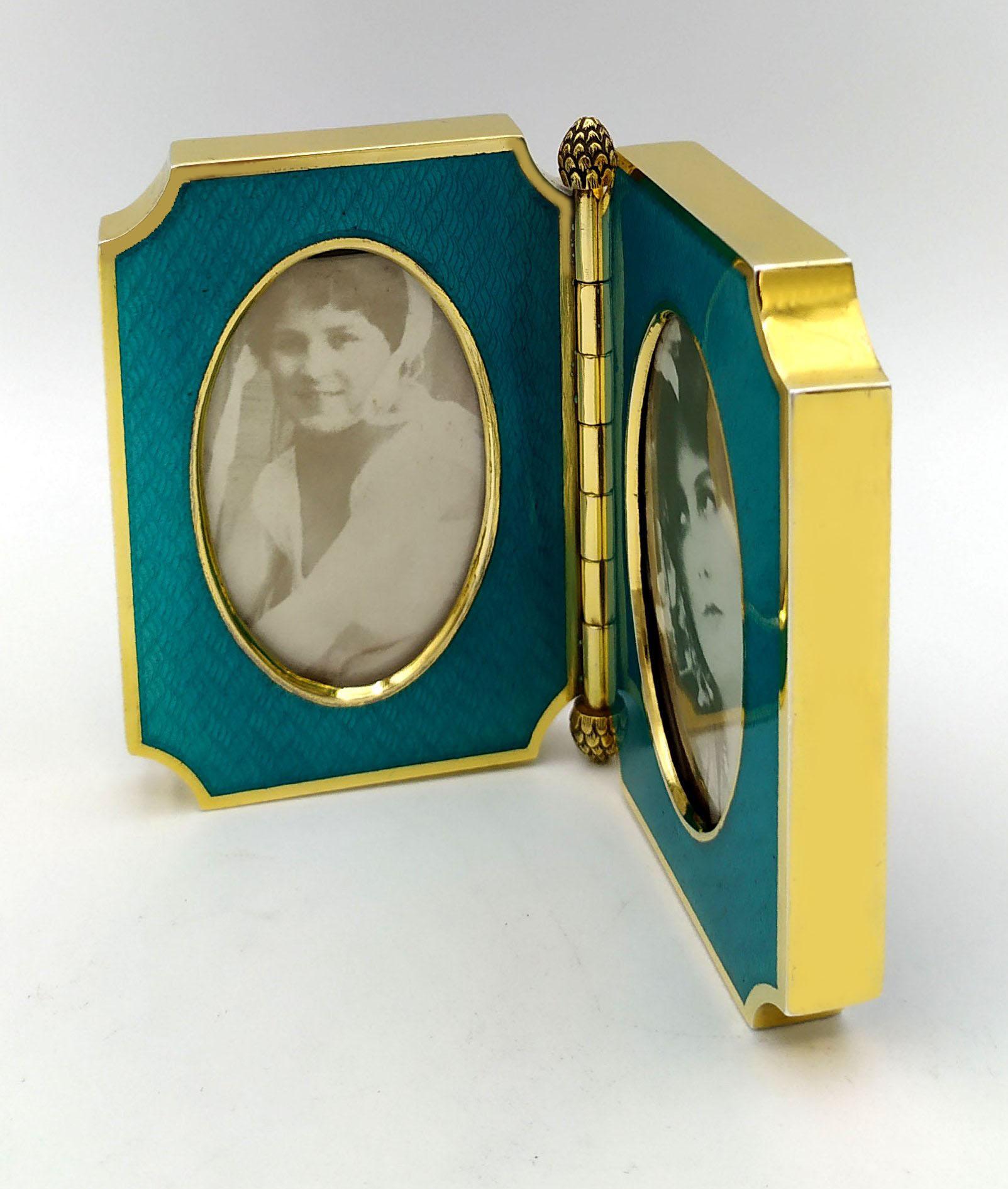 Art Nouveau Photo Frame Double Opening Fired Enamel on Guillochè Sterling Silver Saliimbeni For Sale