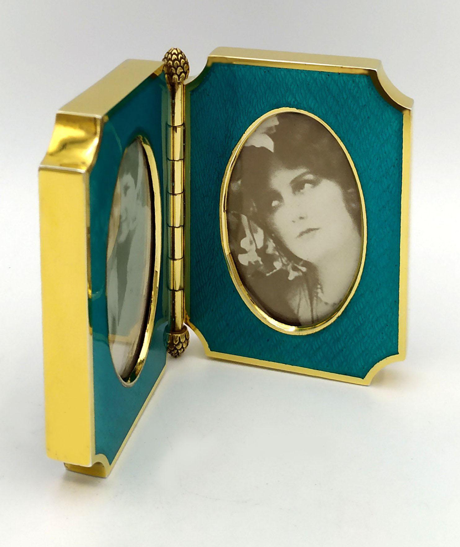 Italian Photo Frame Double Opening Fired Enamel on Guillochè Sterling Silver Saliimbeni For Sale