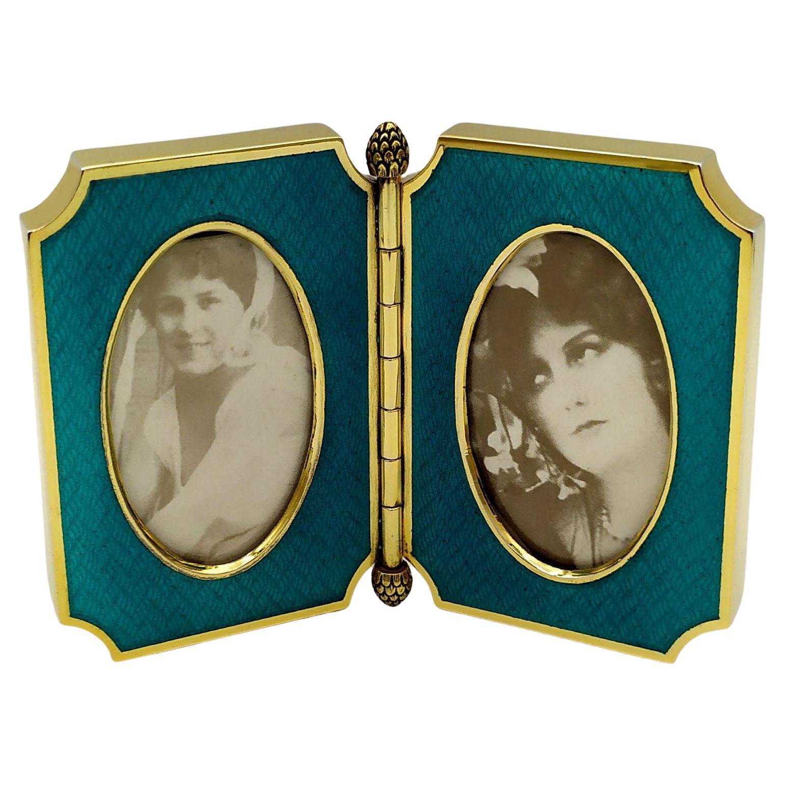 Photo Frame Double Opening Fired Enamel on Guillochè Sterling Silver Saliimbeni For Sale