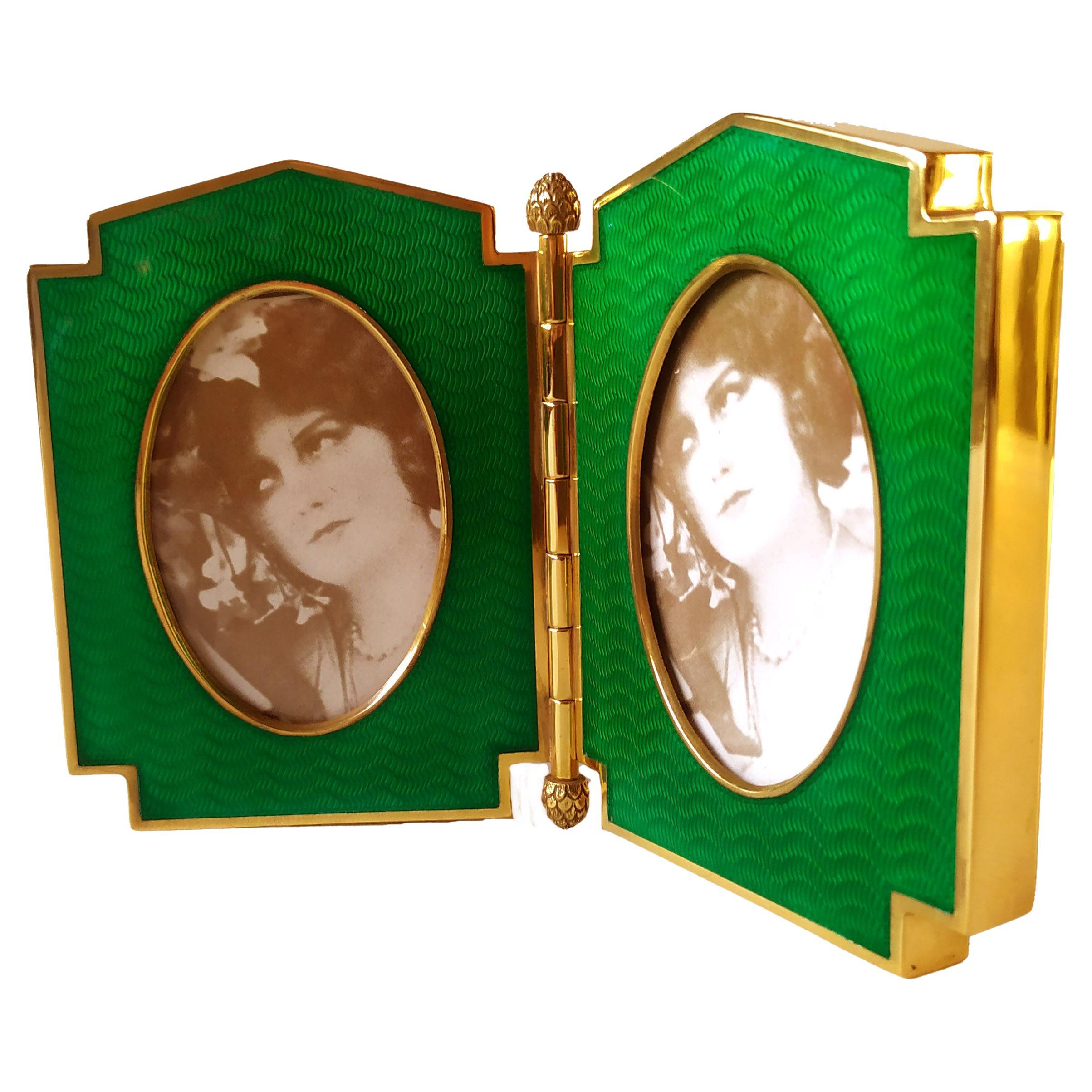 Photo Frame Double Opening Shaped Green Fired Enamel Sterling Silver Salimbeni