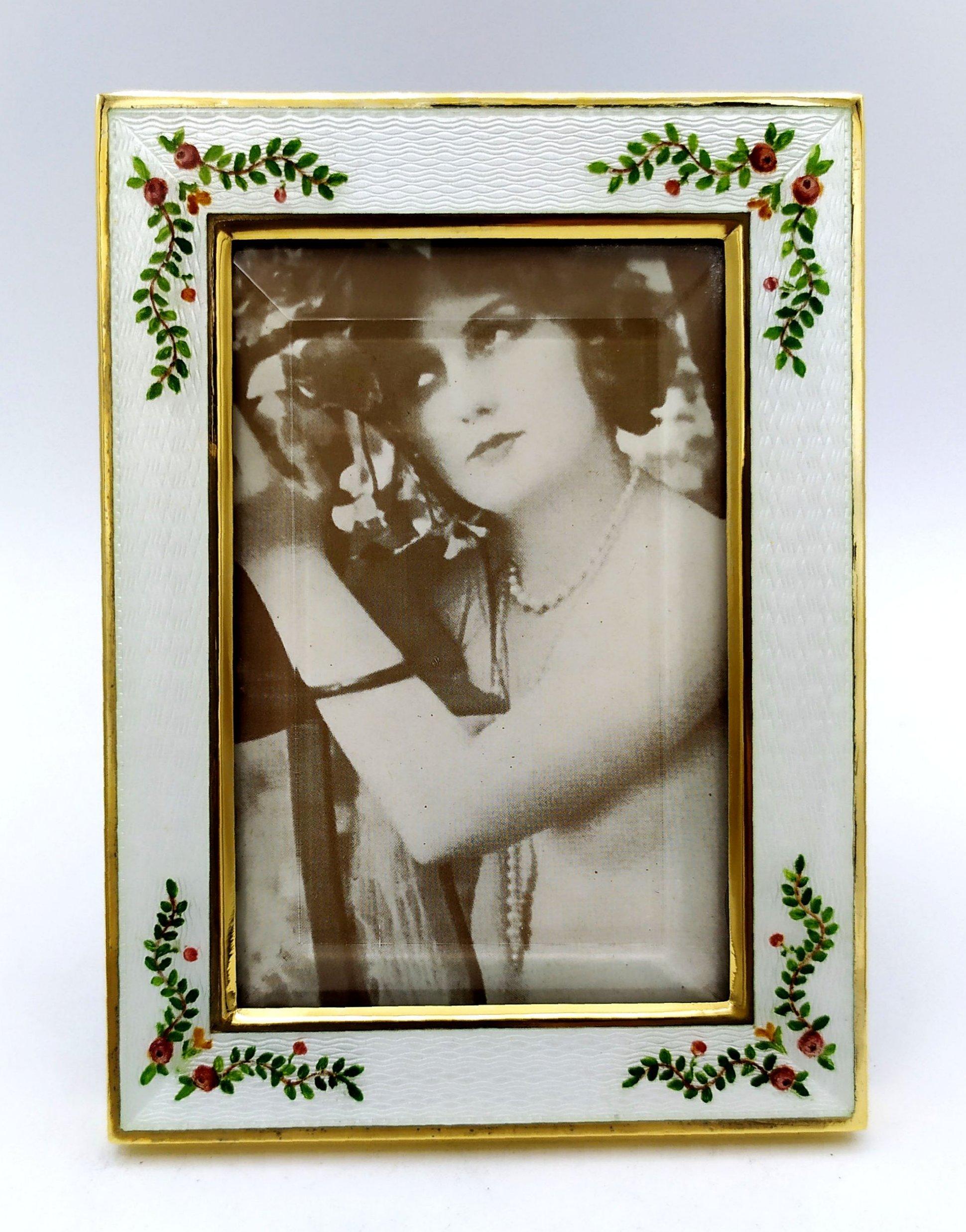 Art Nouveau Photo Frame enamel fired on guilloche and hand-painted miniature Sterling Silver