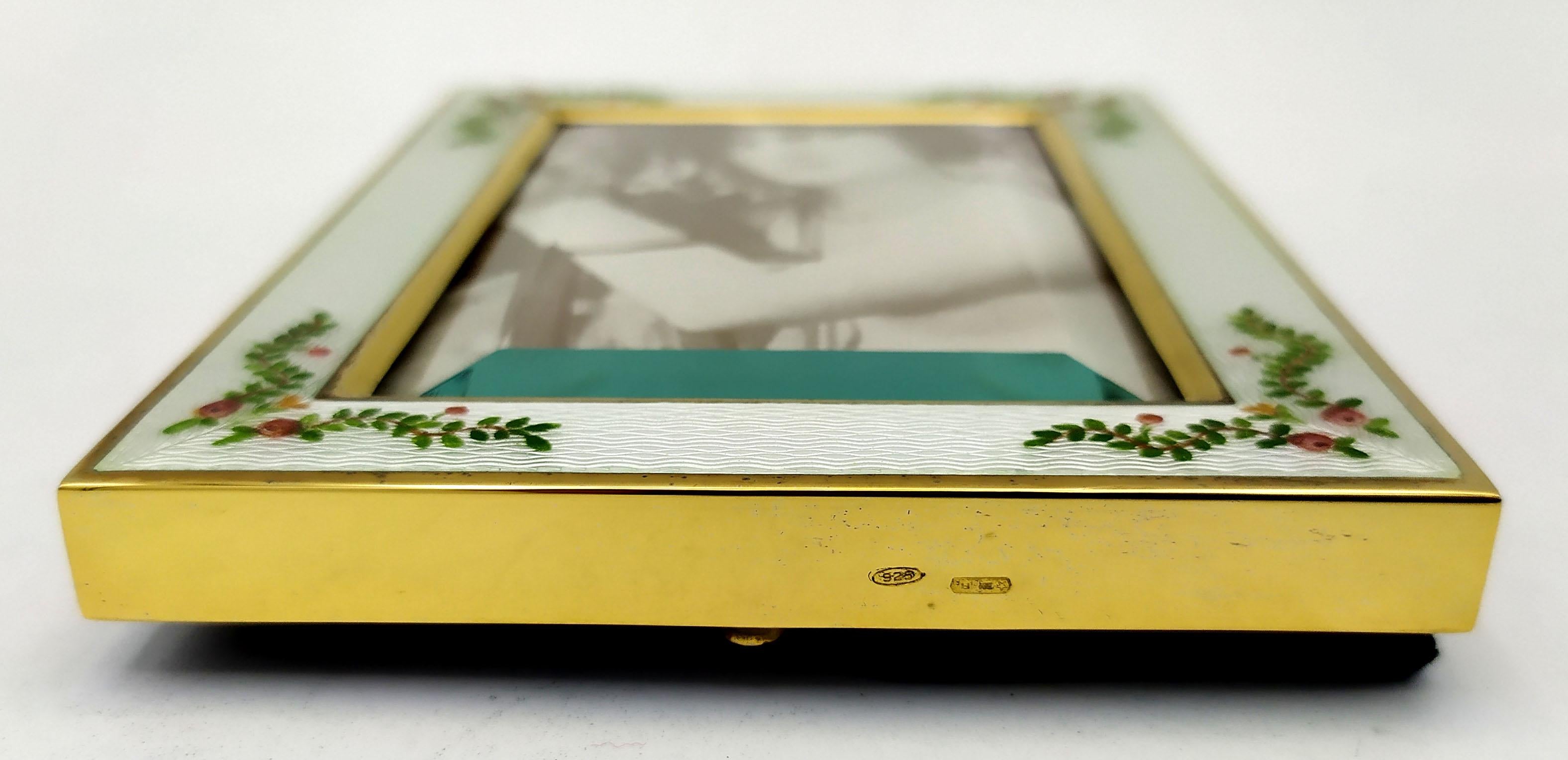 Hand-Carved Photo Frame enamel fired on guilloche and hand-painted miniature Sterling Silver