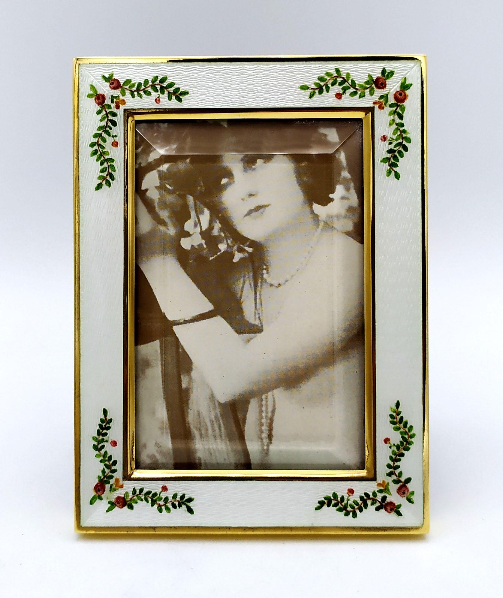 Late 20th Century Photo Frame enamel fired on guilloche and hand-painted miniature Sterling Silver