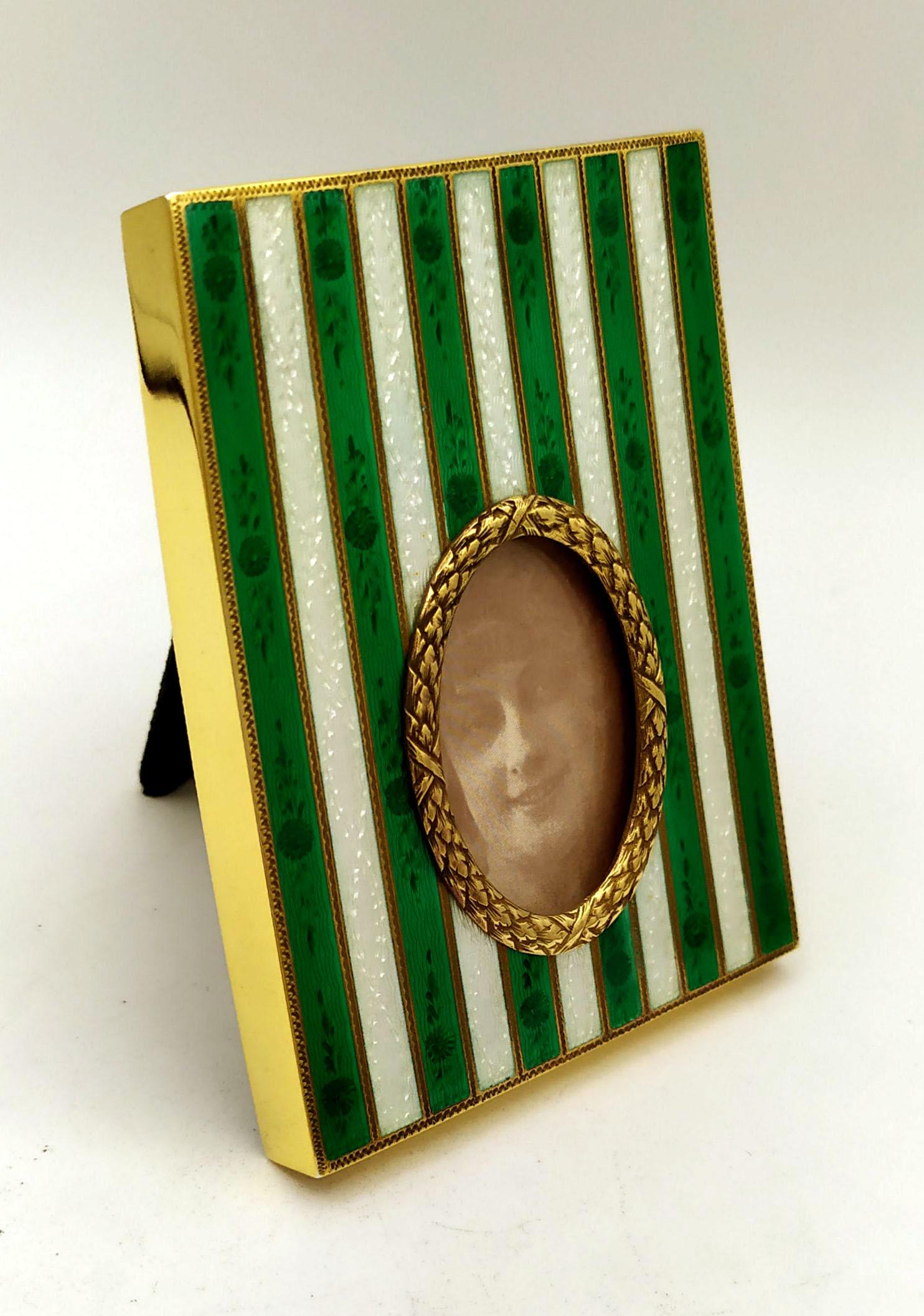 Napoleon III Photo Frame Fired Enamel with Two-Tone Stripes on Guillochè and Hand Engravings For Sale