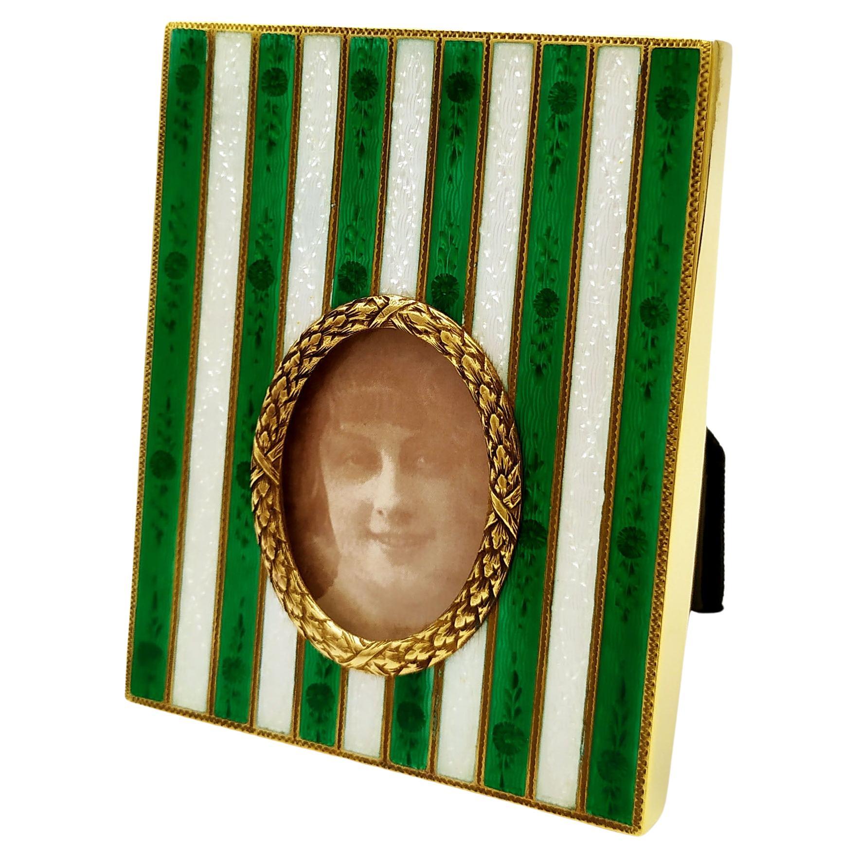 Photo Frame Fired Enamel with Two-Tone Stripes on Guillochè and Hand Engravings For Sale
