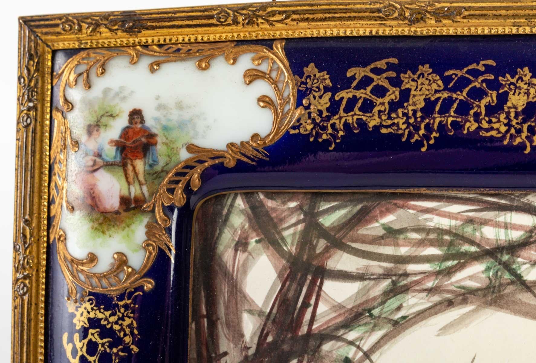Napoleon III Photo Frame in Gilt Bronze and Sèvres Porcelain, Watercolor.
