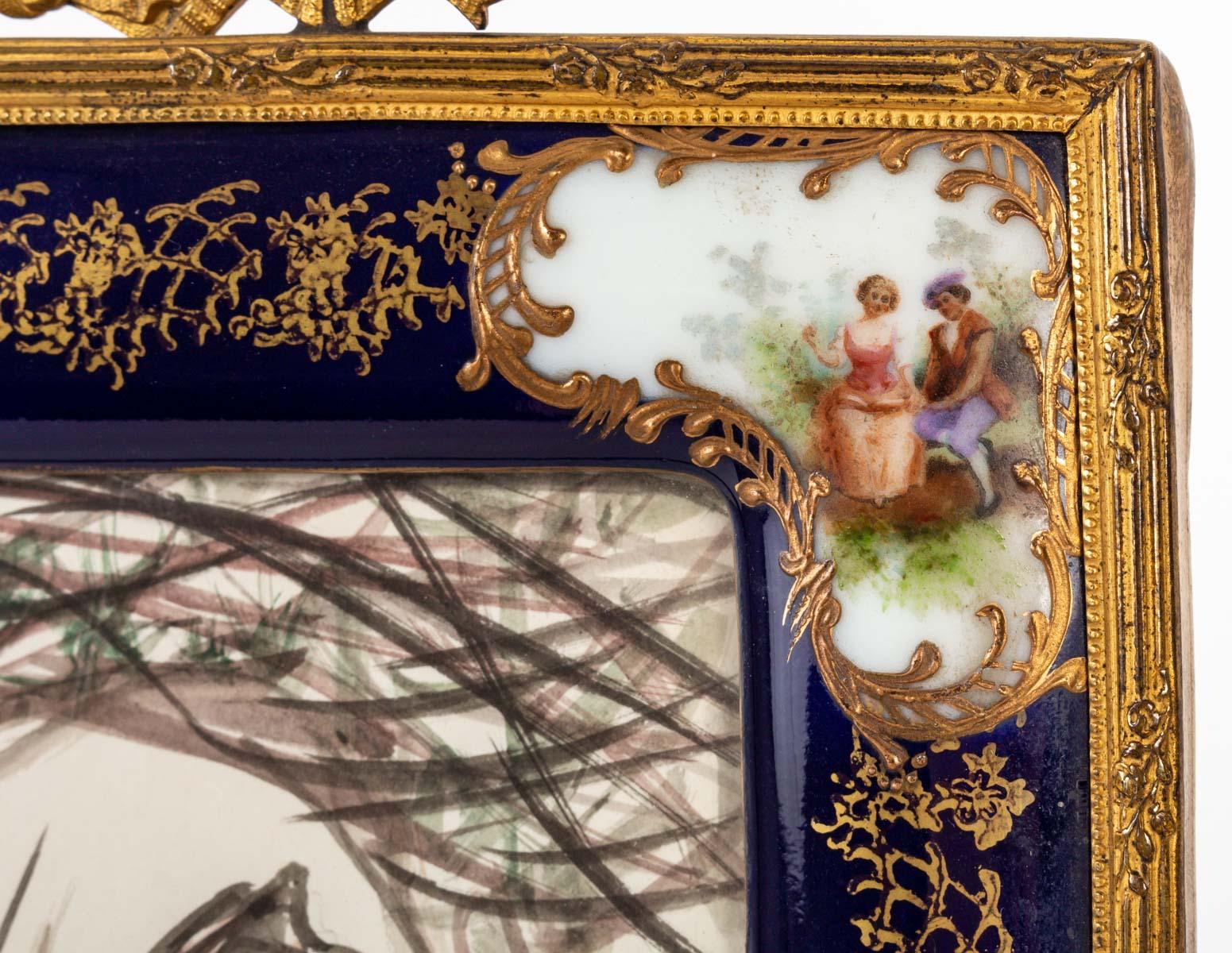 French Photo Frame in Gilt Bronze and Sèvres Porcelain, Watercolor.