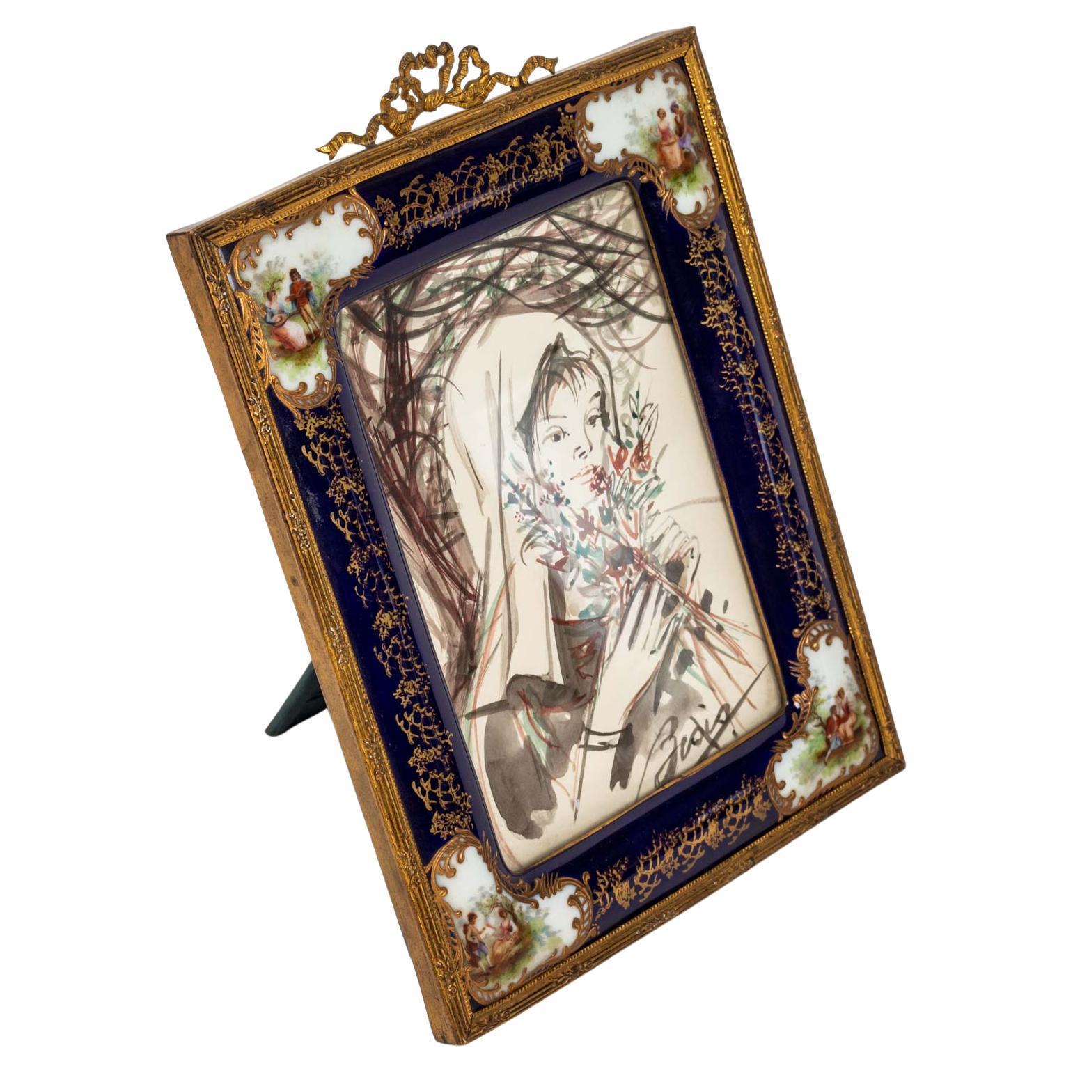 Photo Frame in Gilt Bronze and Sèvres Porcelain, Watercolor. 3