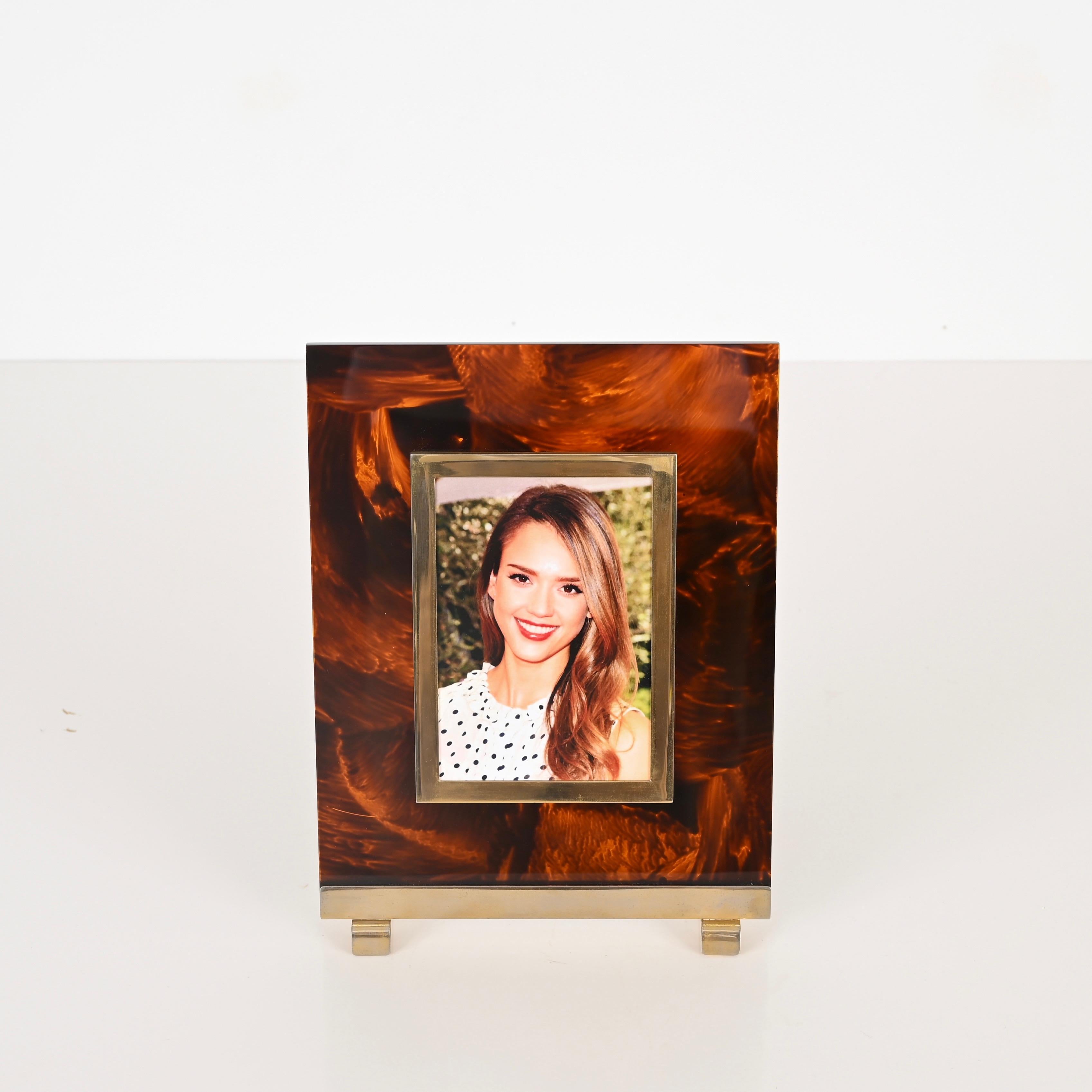 Mid-Century Modern Photo Frame in Lucite Tortoiseshell and Brass, Christian Dior, Italy, 1970s For Sale