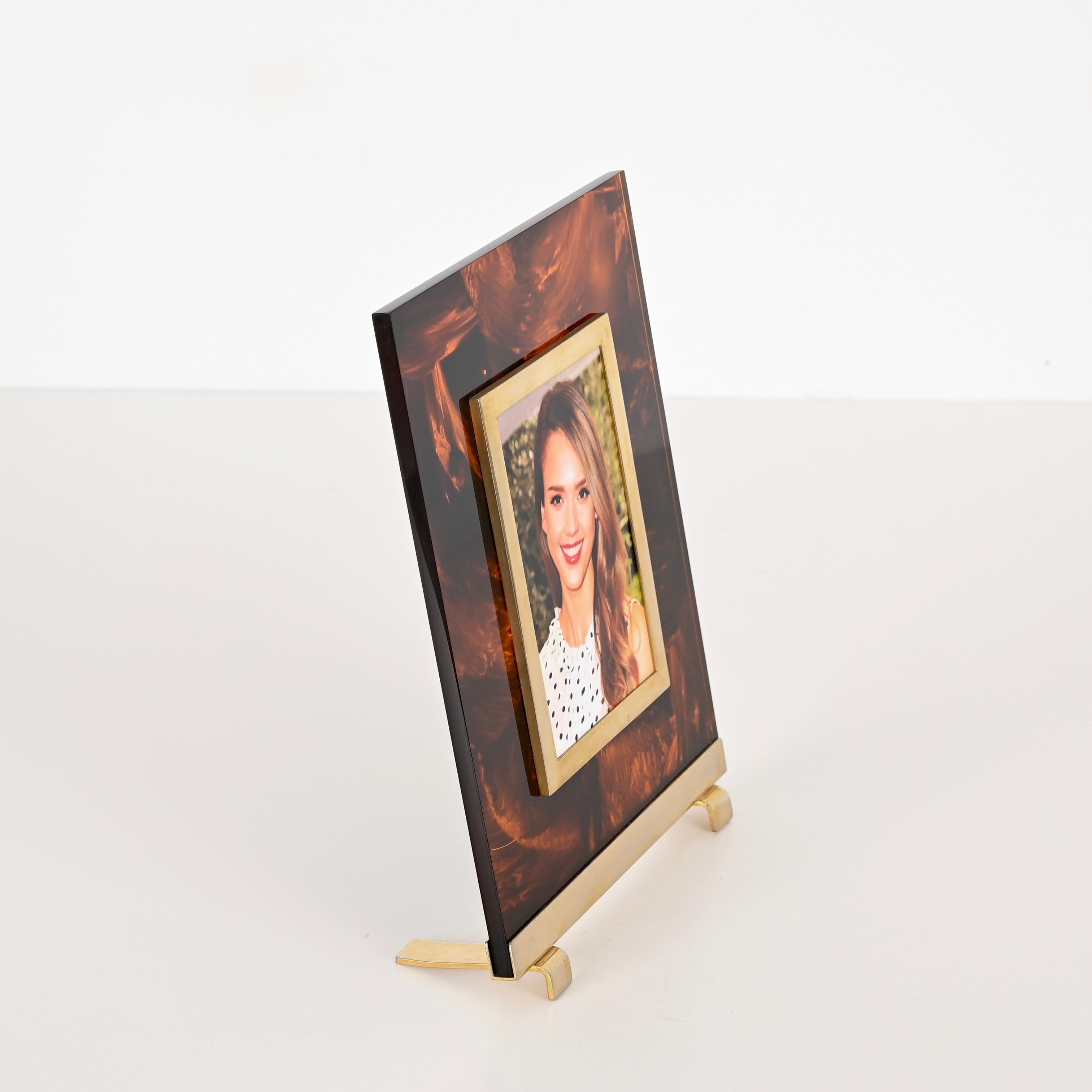 Hand-Crafted Photo Frame in Lucite Tortoiseshell and Brass, Christian Dior, Italy, 1970s For Sale