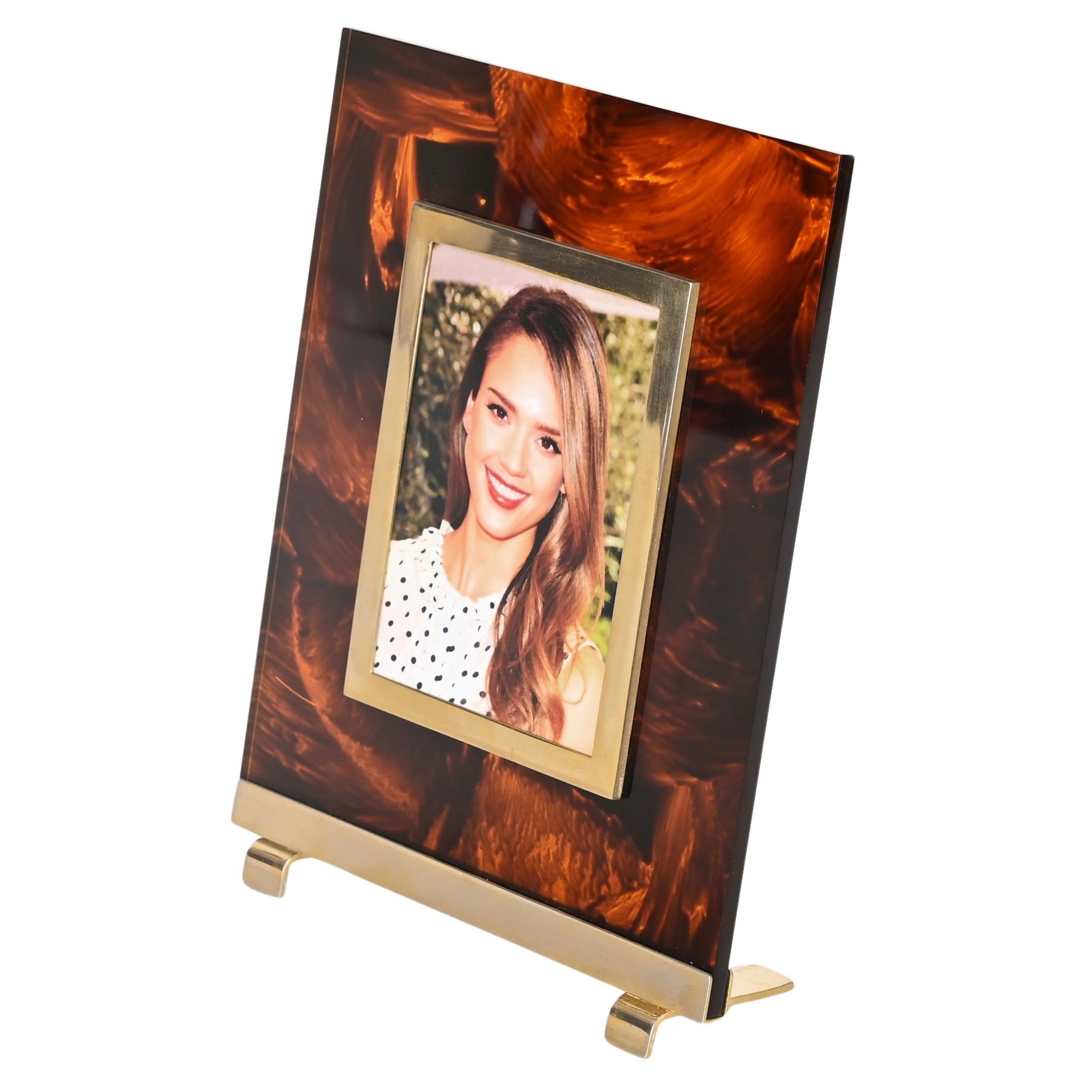 Photo Frame in Lucite Tortoiseshell and Brass, Christian Dior, Italy, 1970s For Sale