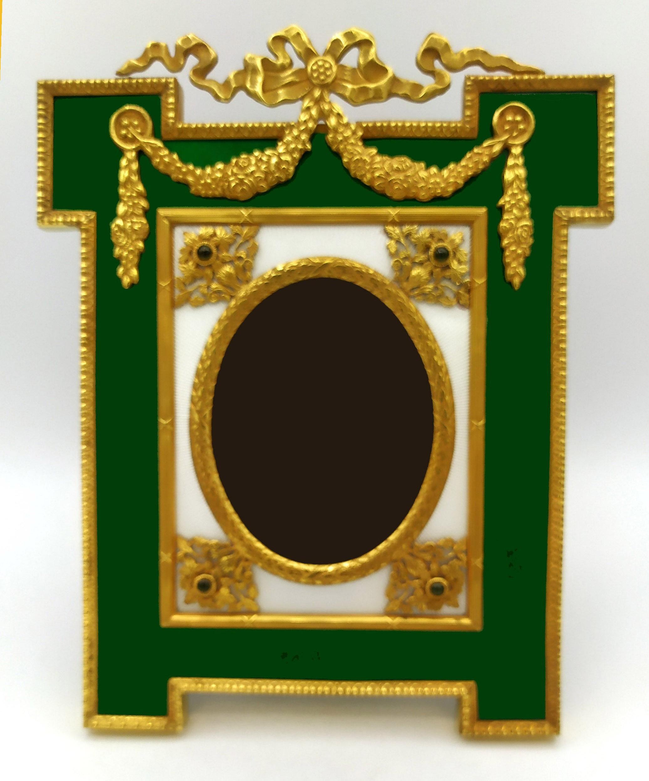 Italian Photo Frame Large Imperial Style White and Green enamel on Sterling Silver Salim For Sale