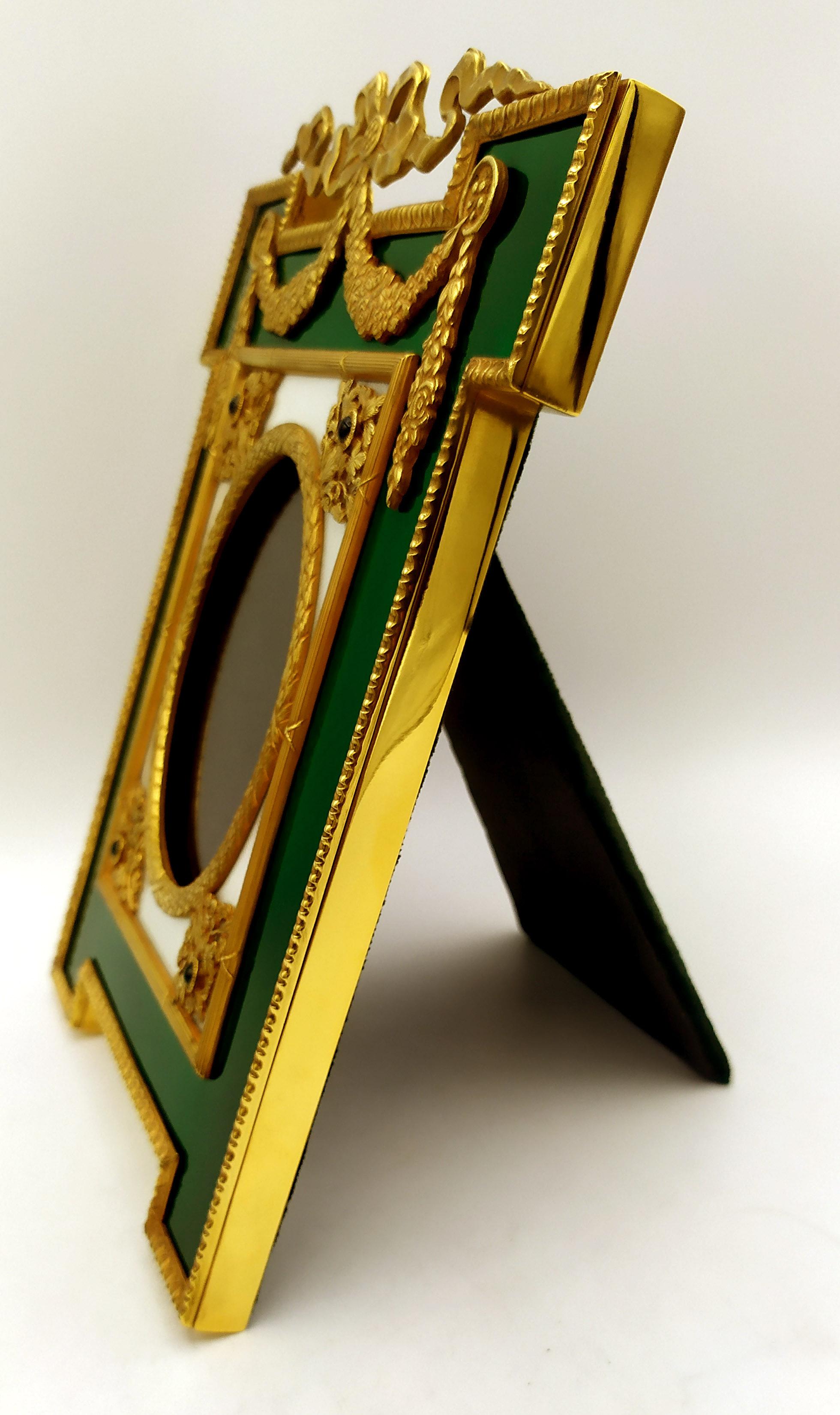 Mid-20th Century Photo Frame Large Imperial Style White and Green enamel on Sterling Silver Salim For Sale