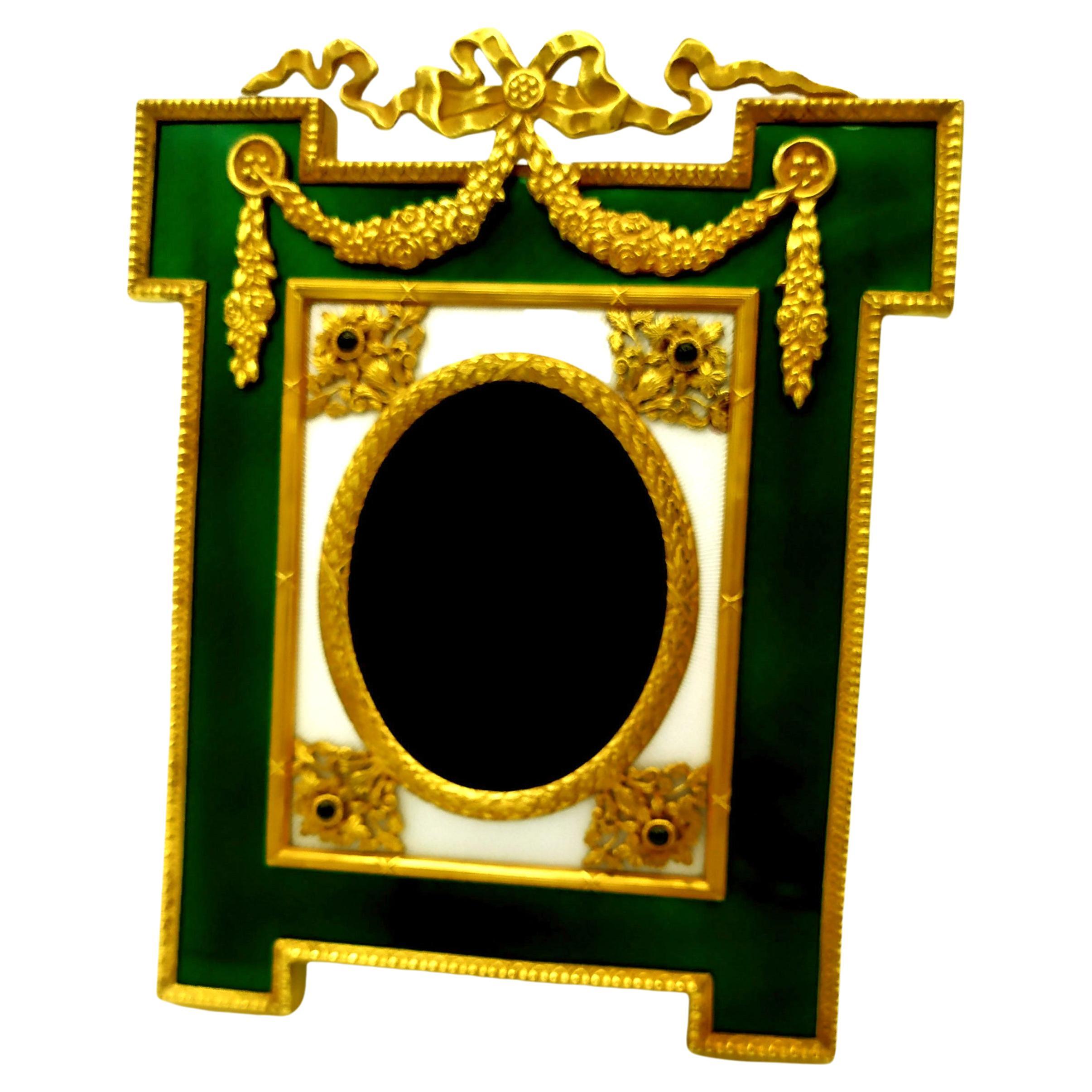 Photo Frame Large Imperial Style White and Green enamel on Sterling Silver Salim For Sale