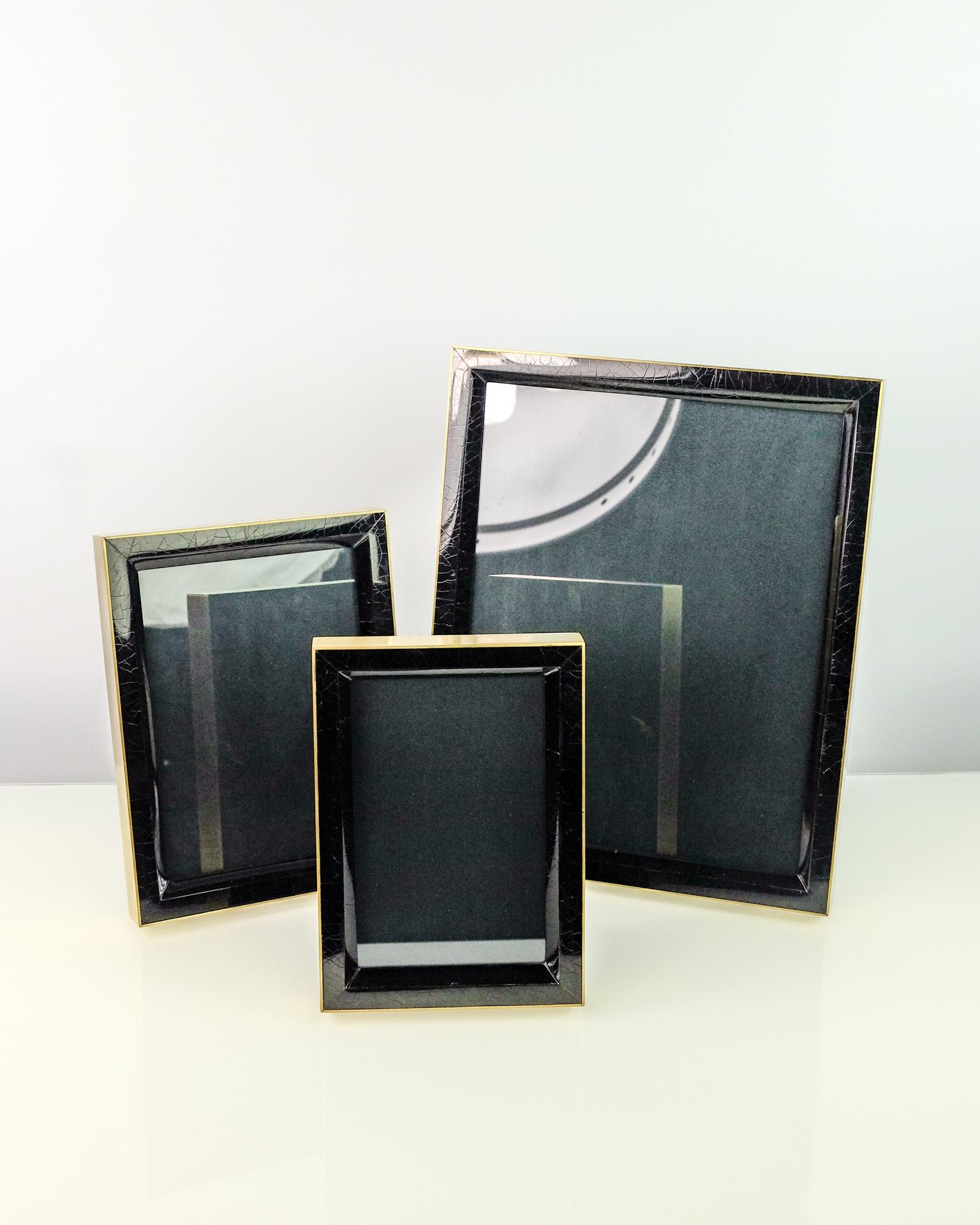 French Photo Frame Made of Black Marquetry and Brass by Ginger Brown For Sale