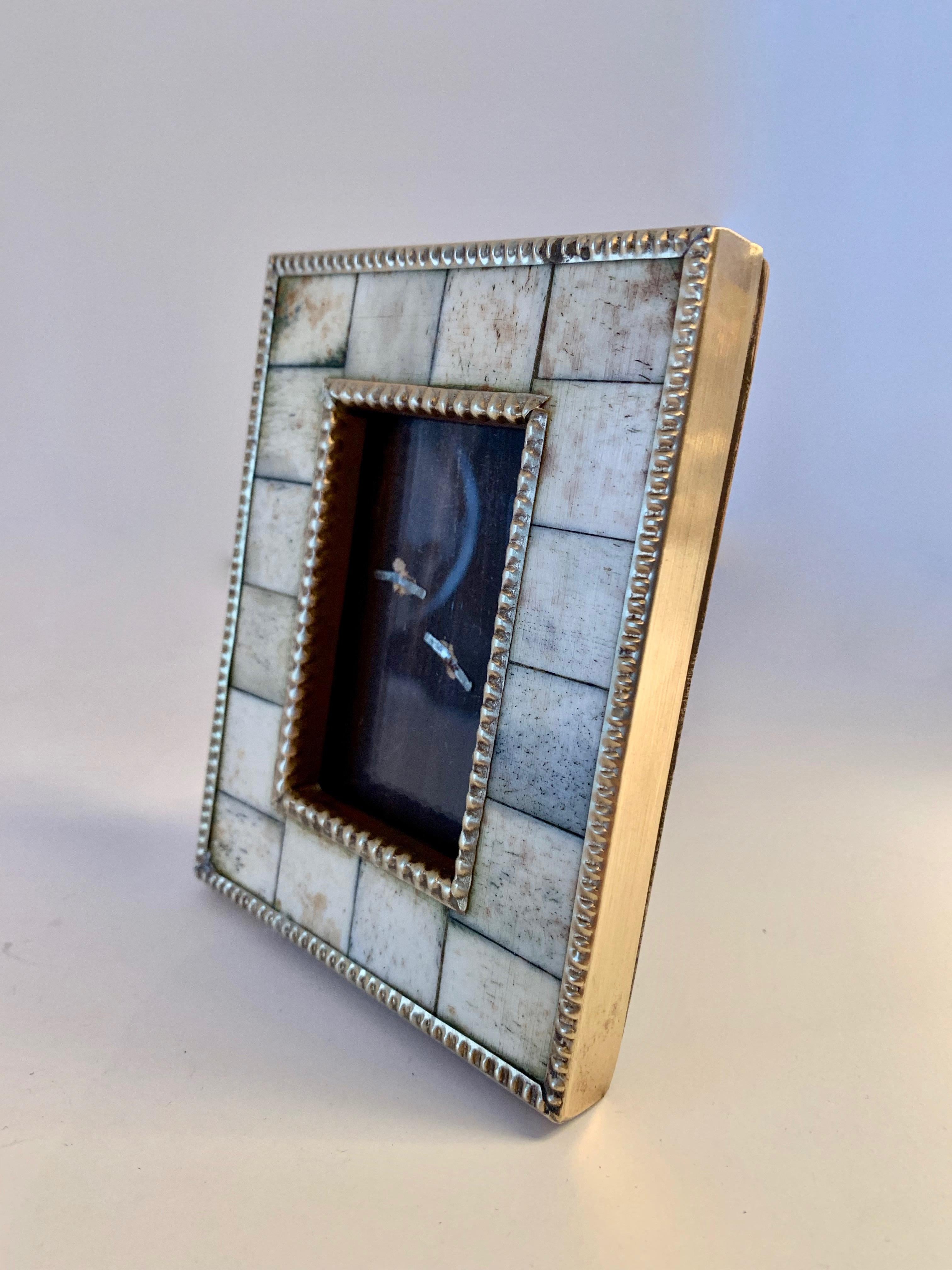 Mid-Century Modern Photo Frame of Cut Bone Trimmed in Pebbled Brass
