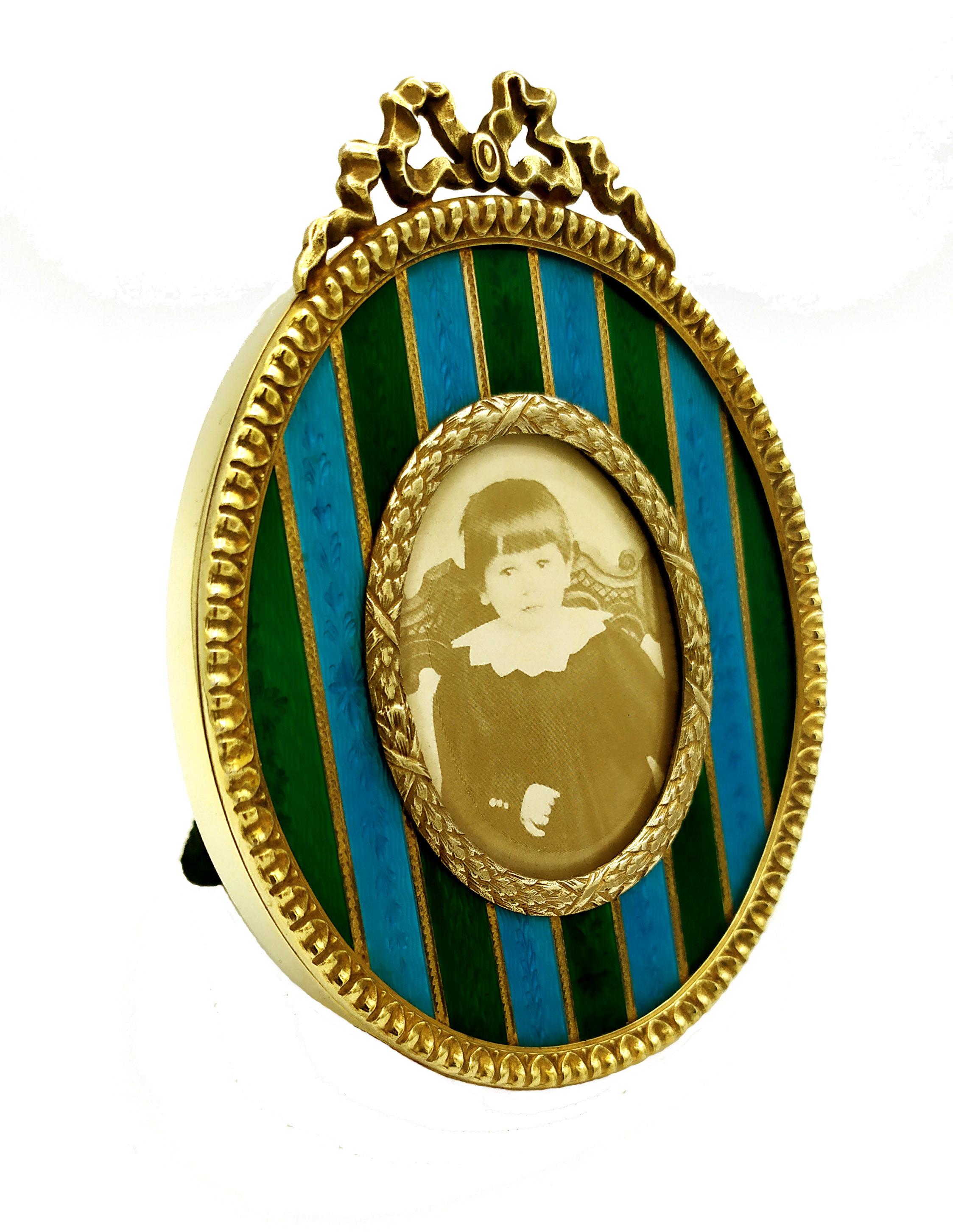 Italian Photo Frame Oval with Two-color Translucent strips Enamel Fired Salimbeni For Sale