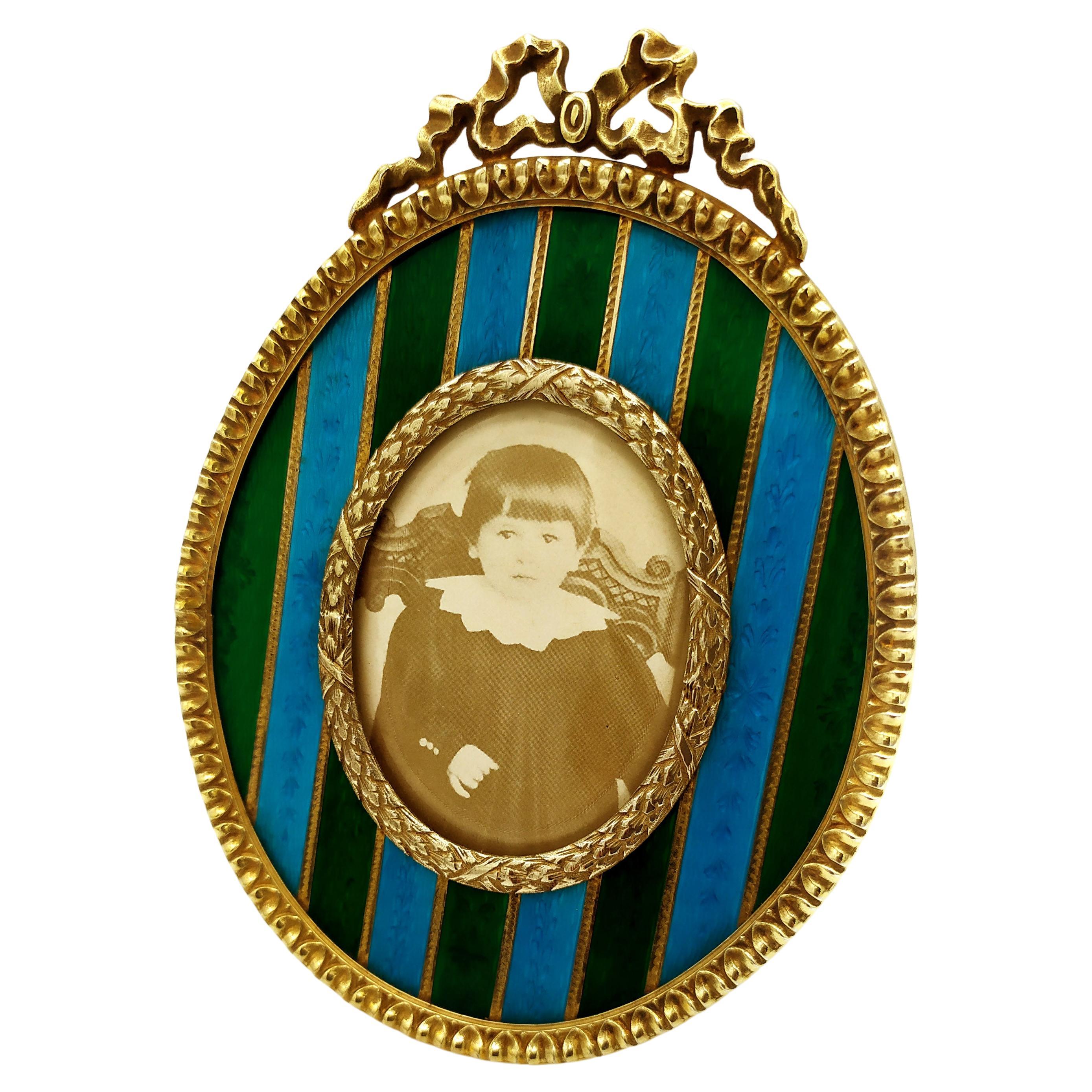 Photo Frame Oval with Two-color Translucent strips Enamel Fired Salimbeni For Sale